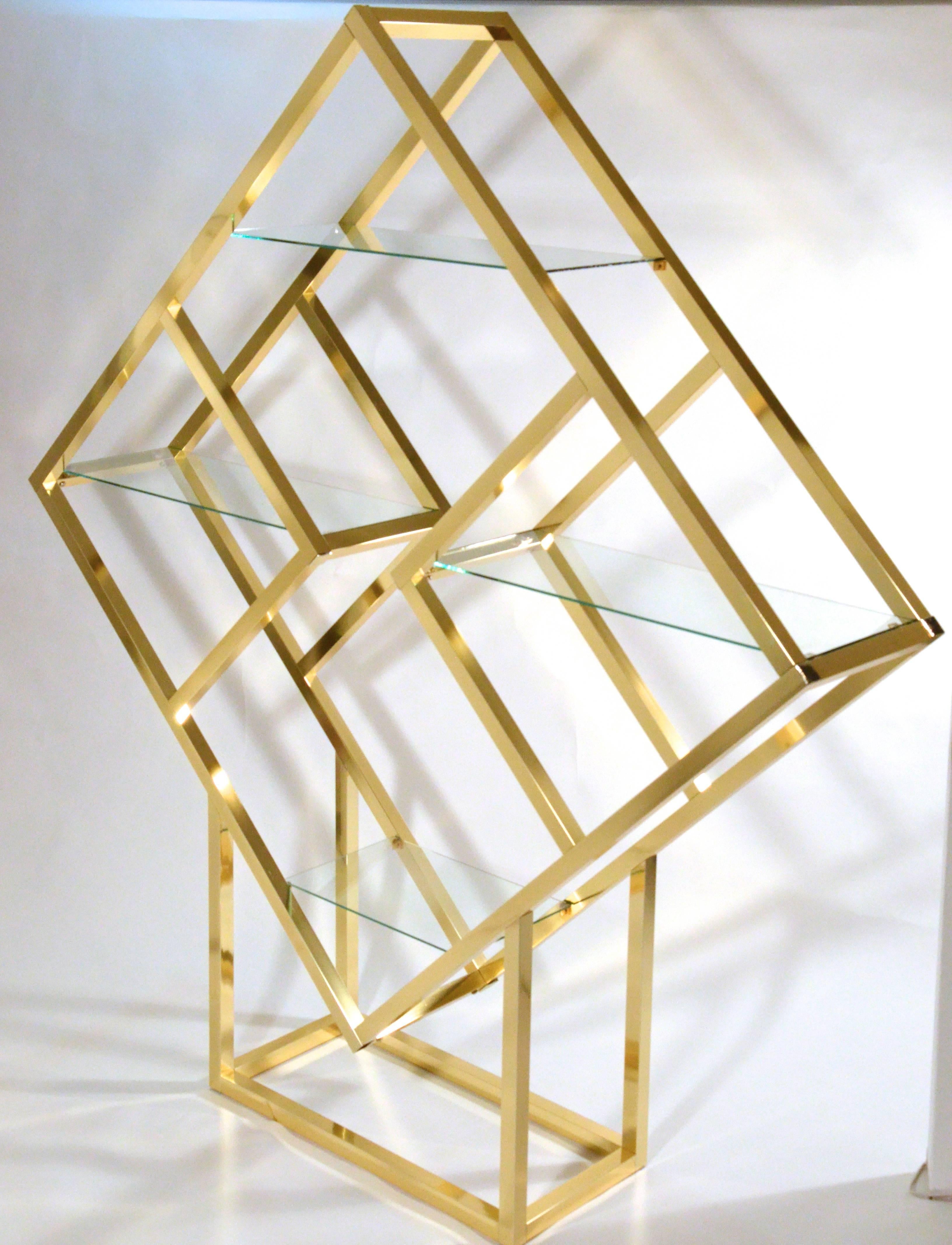 Diamonds are a girl's and guy's best friend! On offer is a stunning brass anodized aluminum diamond shaped étagère with four 