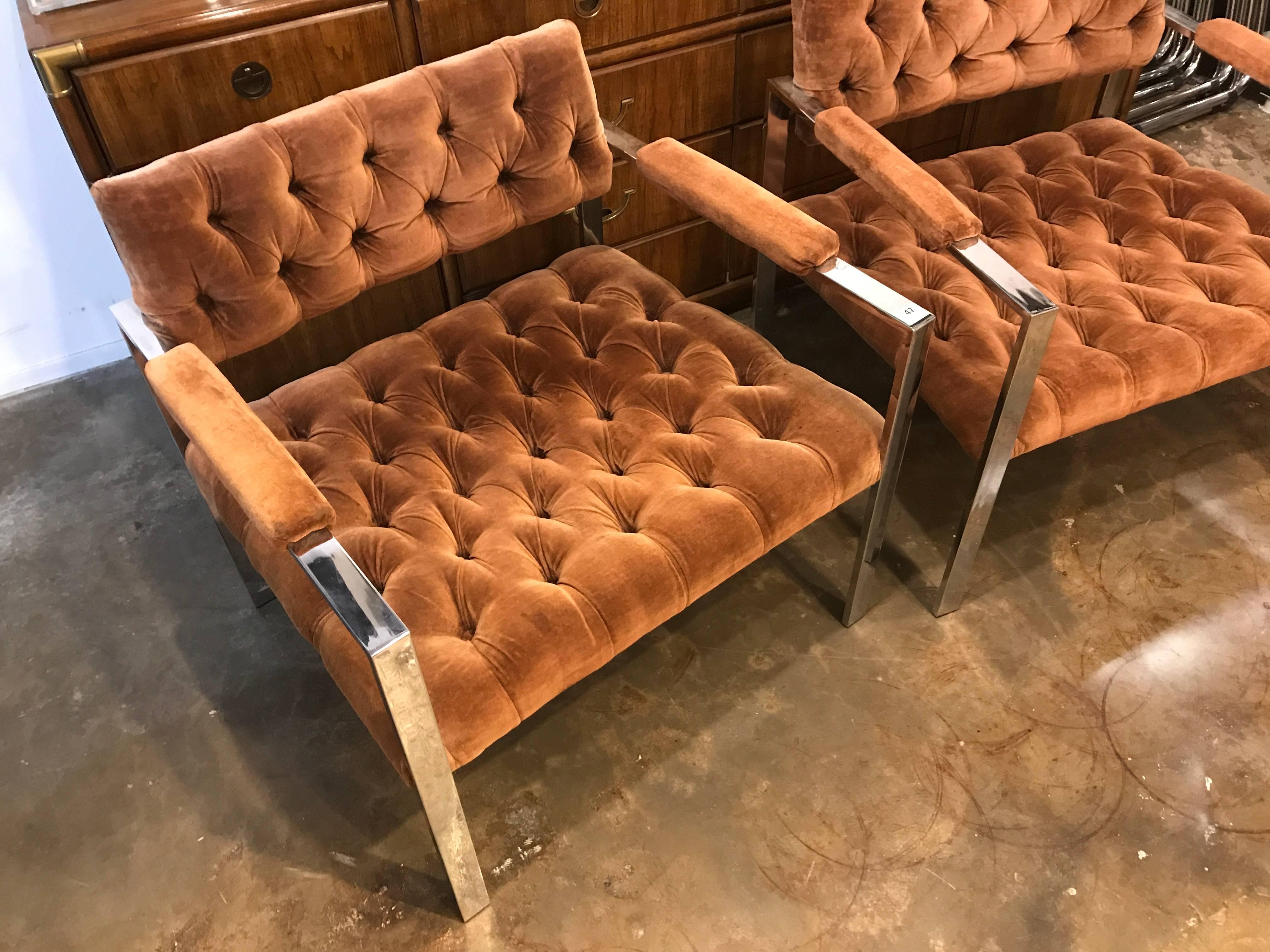 Mid-Century Modern Erwin-Lambeth Mid Century Modern Pr of Chrome and Velvet Tufted Arm Chairs