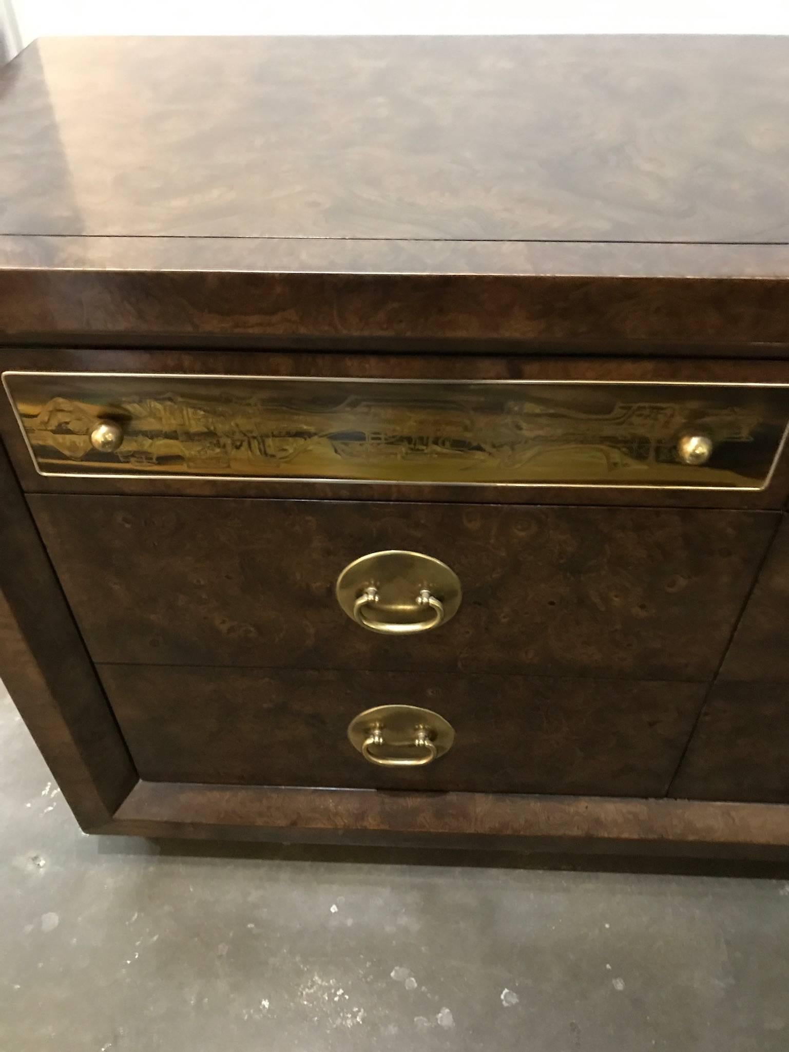 Bernhard Rohne Burl Wood, Brass Hardware with Etched Brass Dresser / Sideboard For Sale 2