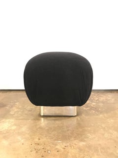 Karl Springer Style Hollywood Glam New Black Velvet and Chrome Base Pouf