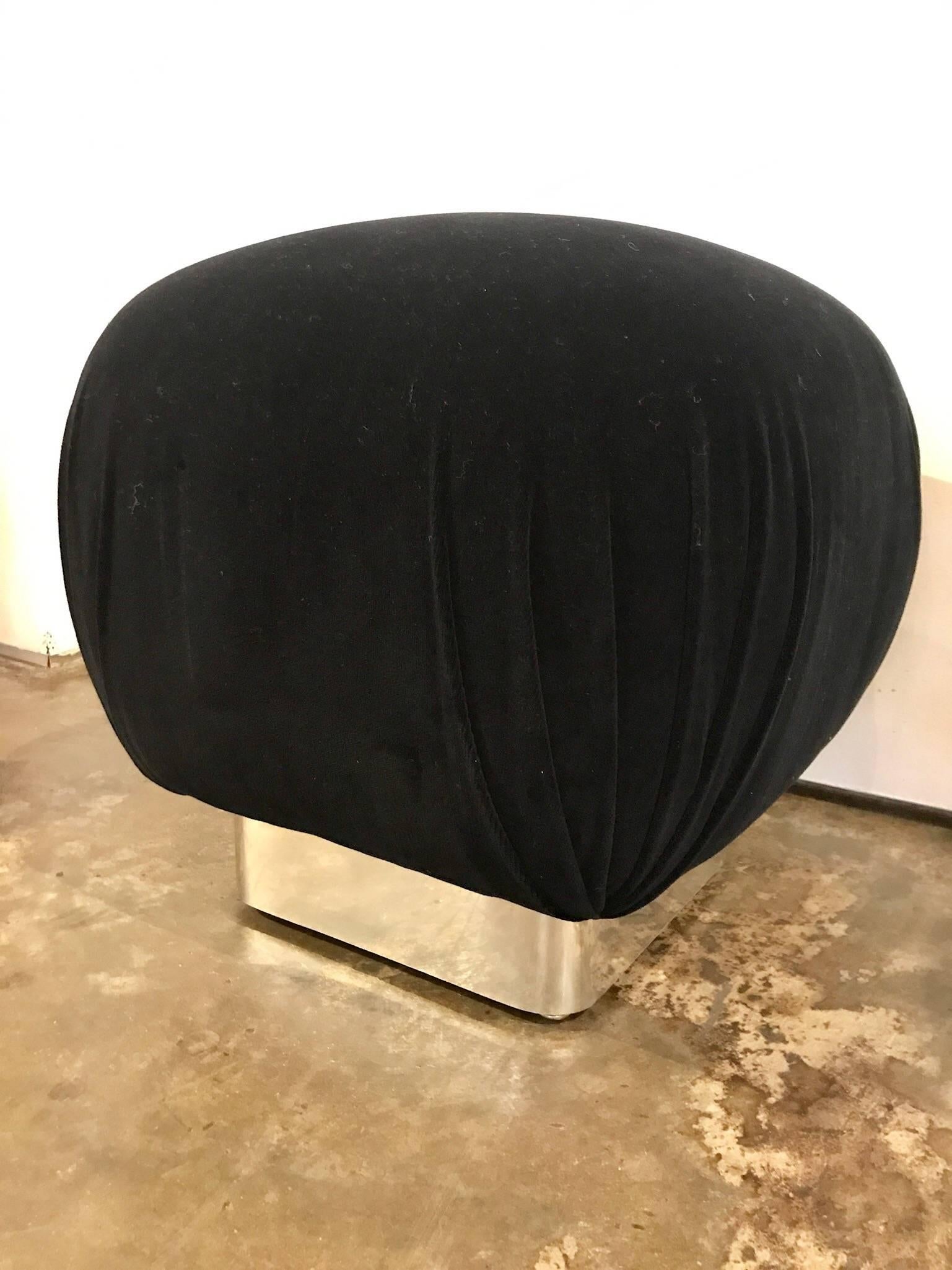 Polished Karl Springer Style Hollywood Glam New Black Velvet and Chrome Base Pouf For Sale