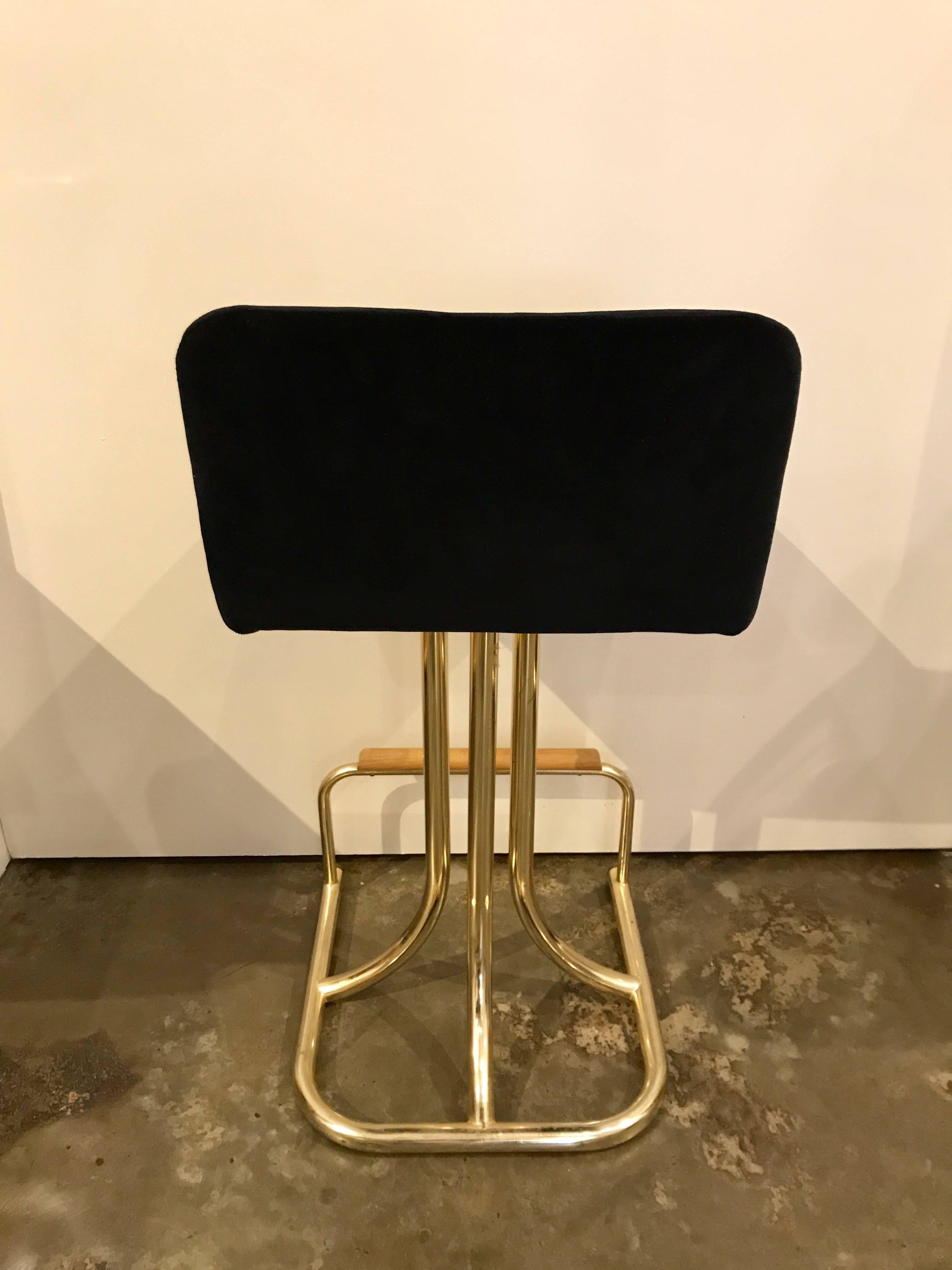 American Set of Two DIA Mid-Century Modern Black Velvet, Brass and Wood Bar Stools