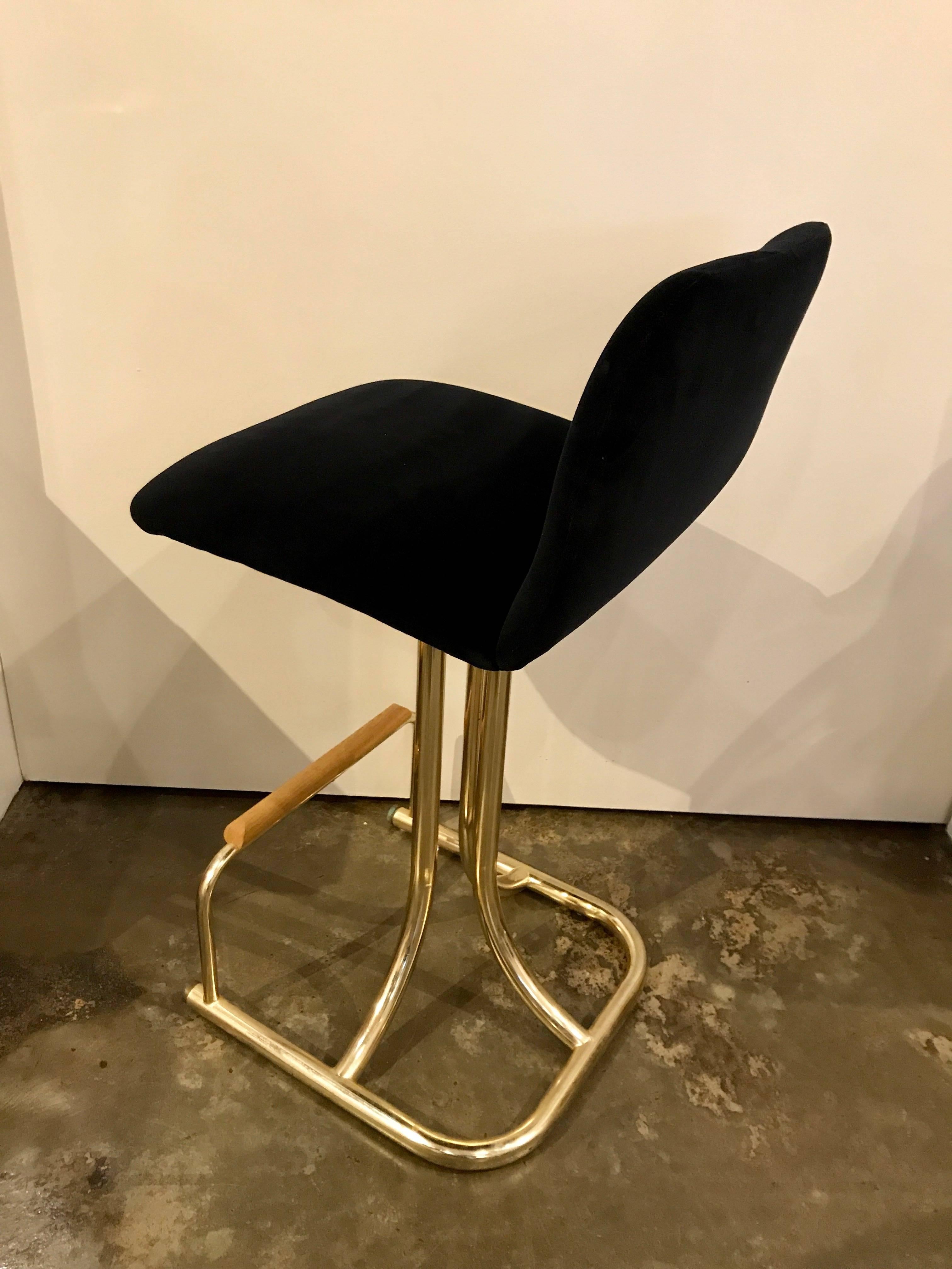 Set of Two DIA Mid-Century Modern Black Velvet, Brass and Wood Bar Stools In Good Condition In Houston, TX