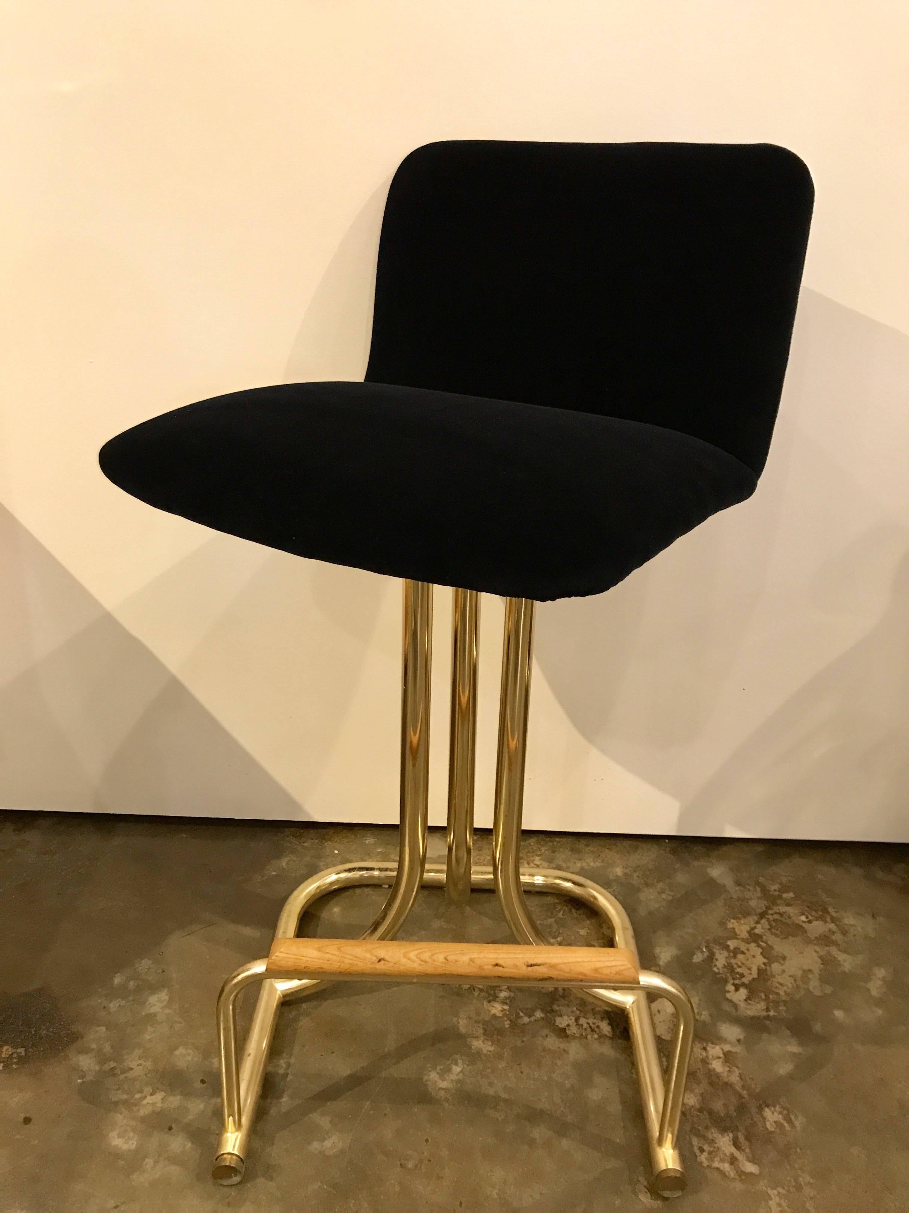 Late 20th Century Set of Two DIA Mid-Century Modern Black Velvet, Brass and Wood Bar Stools