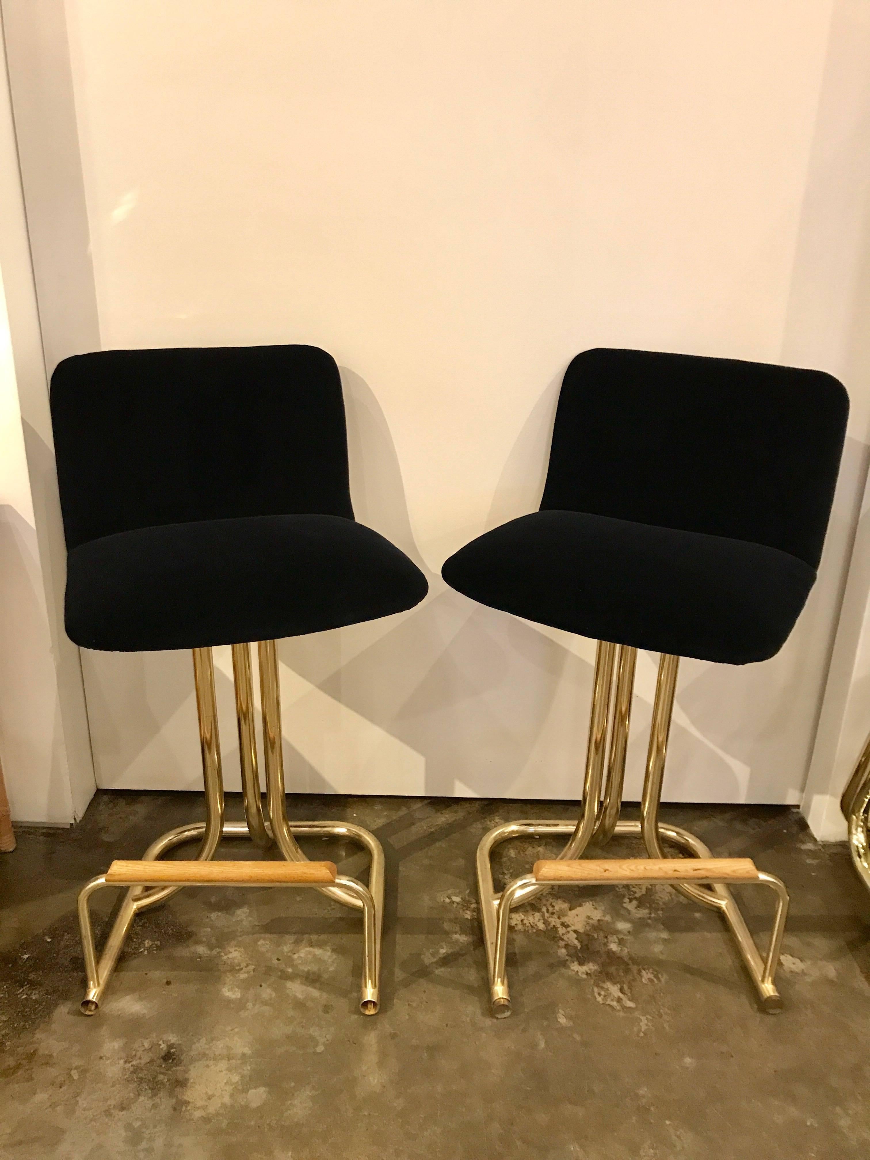Set of Two DIA Mid-Century Modern Black Velvet, Brass and Wood Bar Stools 3