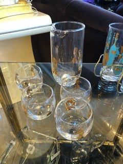 Mid Century Hickok "Checkmate" Pattern Gilt Martini Set of 4 glasses & carafe