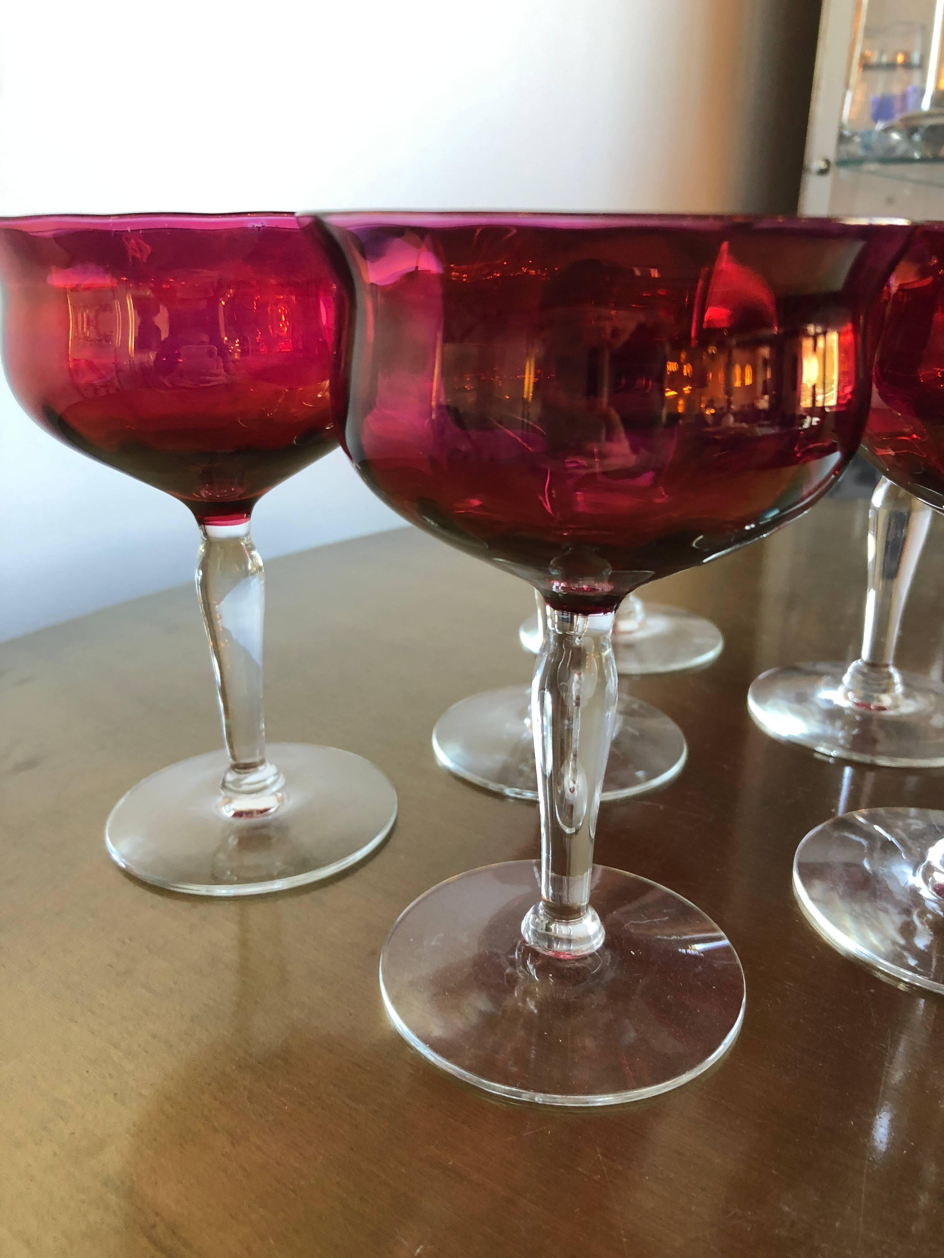 Set of 6 French Ruby Red Crystal with Clear Stem Champagne Coupe Glasses 1