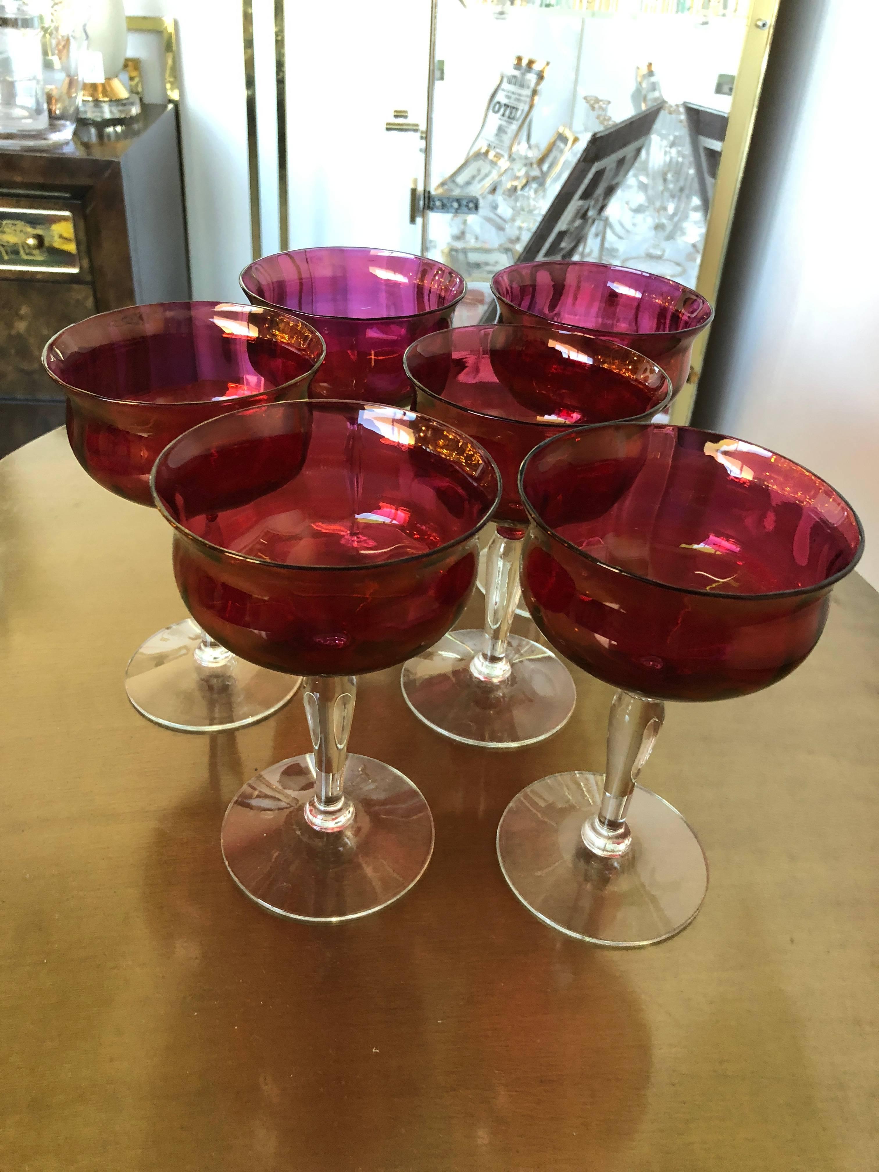 Set of 6 French Ruby Red Crystal with Clear Stem Champagne Coupe Glasses 2