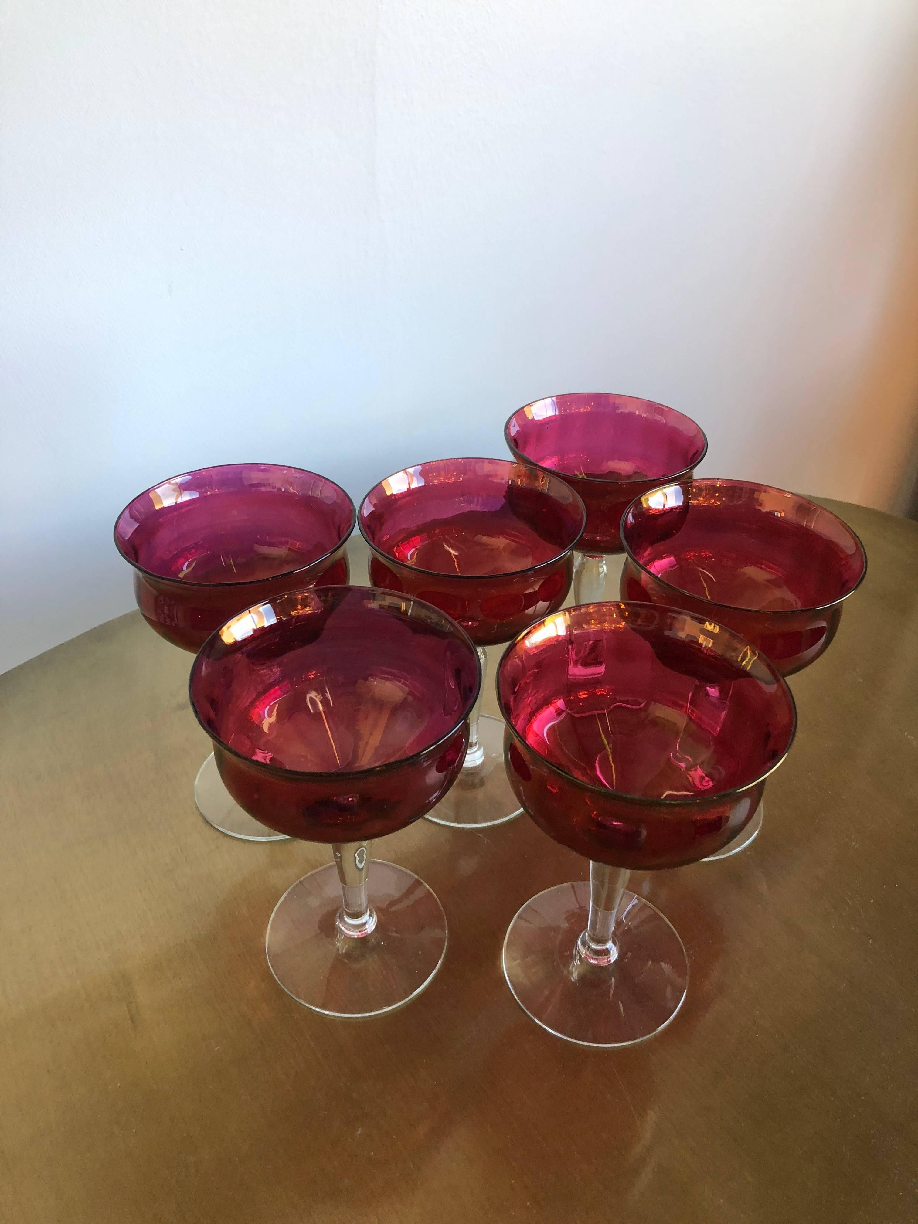 Set of 6 French Ruby Red Crystal with Clear Stem Champagne Coupe Glasses In Good Condition In Houston, TX