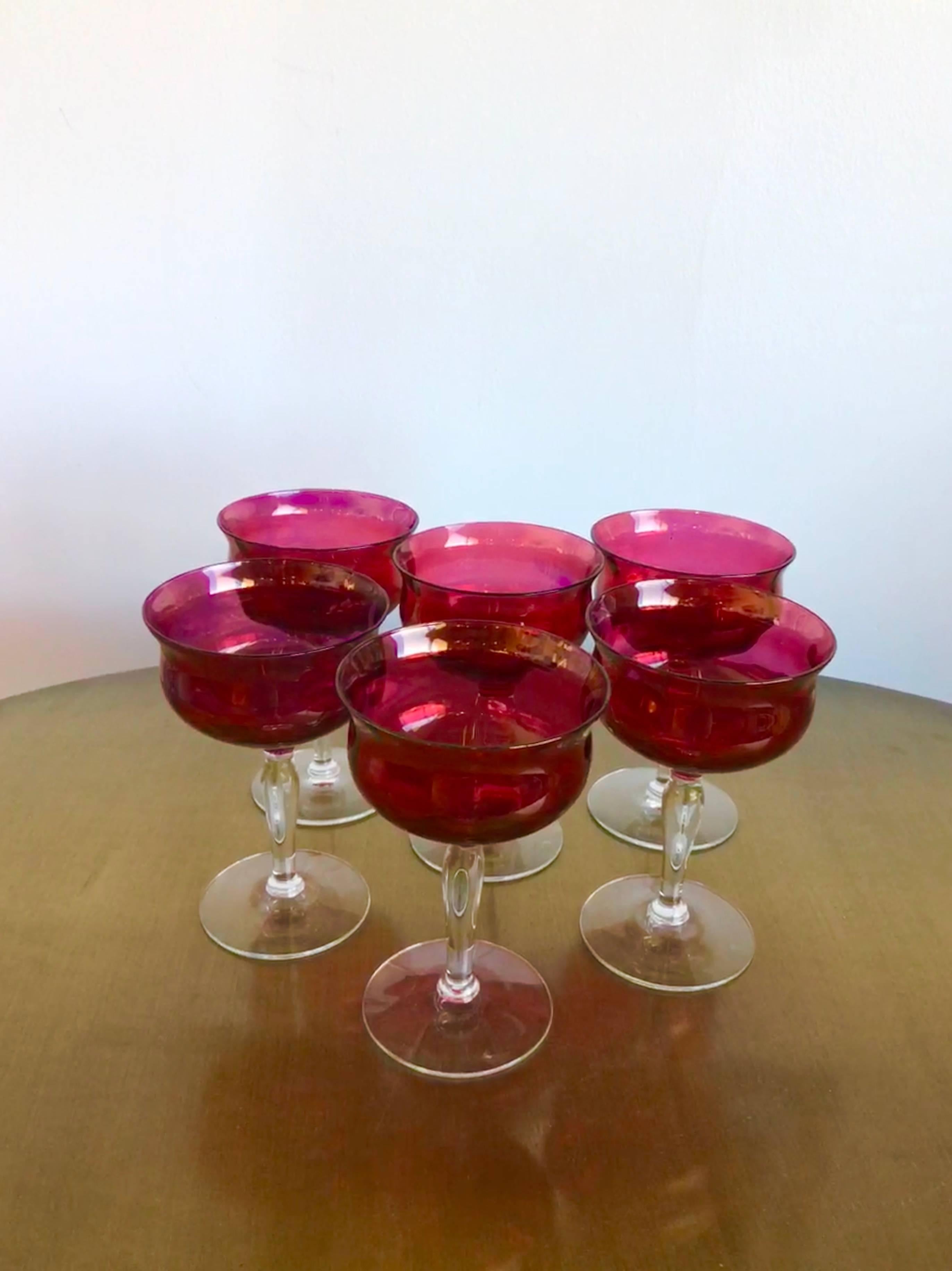 Mid-Century Modern Set of 6 French Ruby Red Crystal with Clear Stem Champagne Coupe Glasses