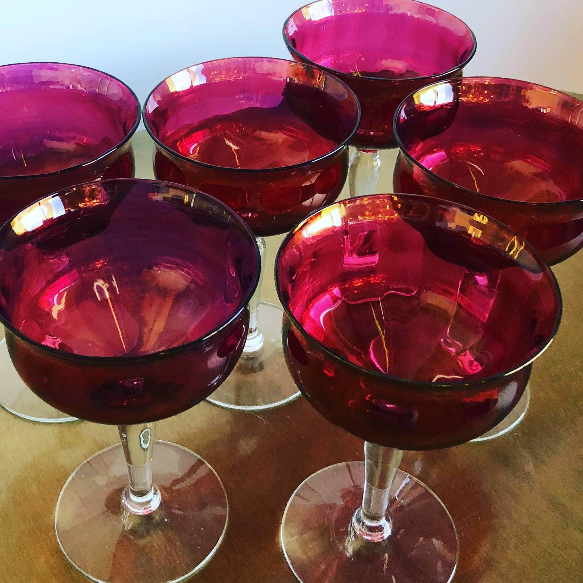 20th Century Set of 6 French Ruby Red Crystal with Clear Stem Champagne Coupe Glasses