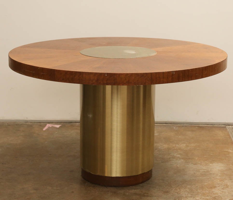 Mid-Century Modern Wood and Brass Top with Brass Pedestal Base Dining Table
