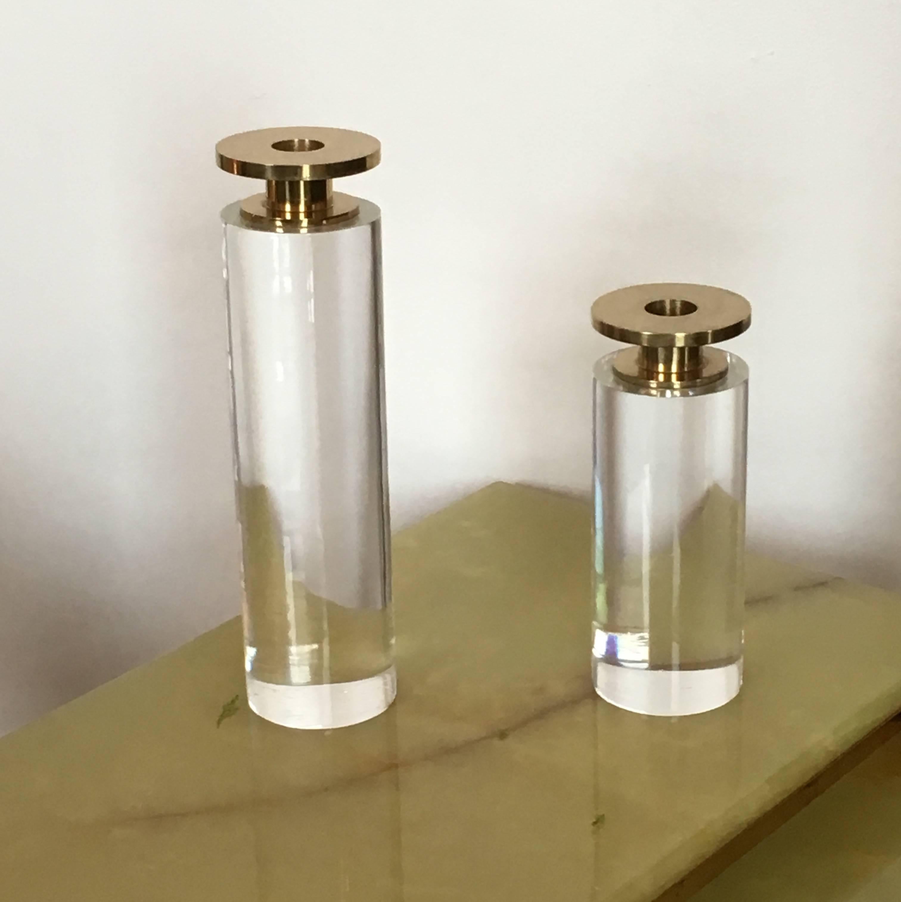 Pair of Brass and Lucite Candleholders In Good Condition In Houston, TX