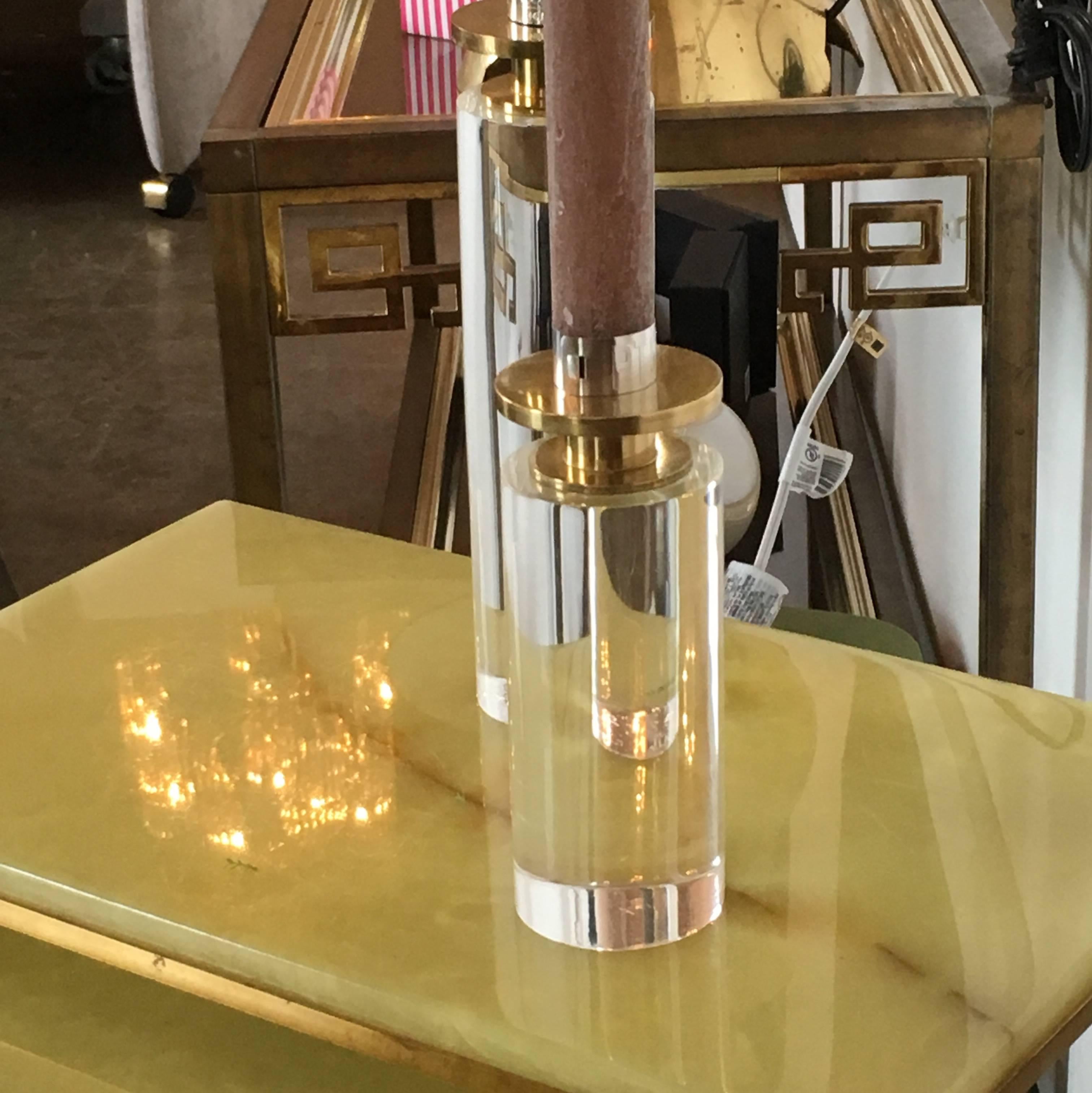 American Pair of Brass and Lucite Candleholders
