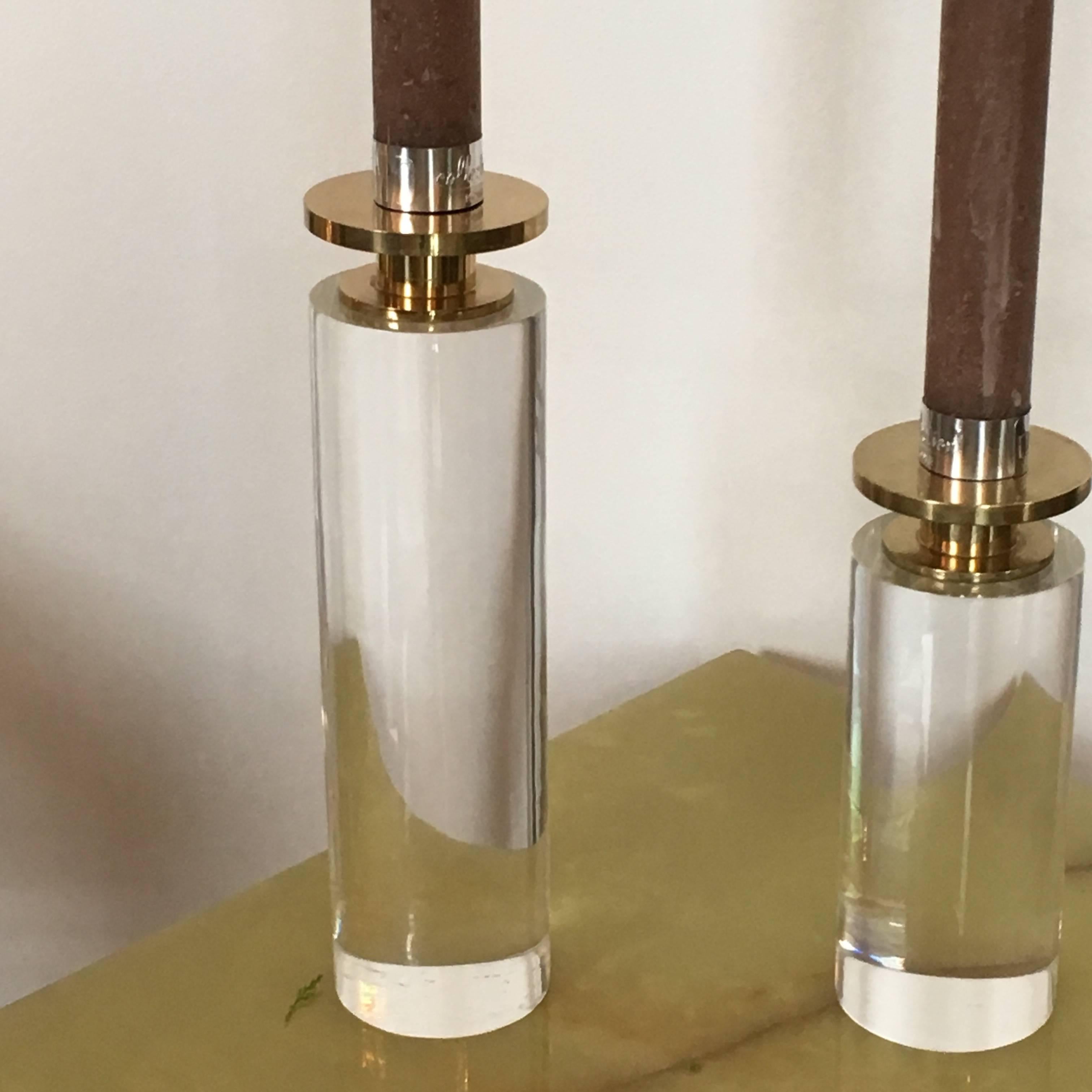 Mid-Century Modern Pair of Brass and Lucite Candleholders