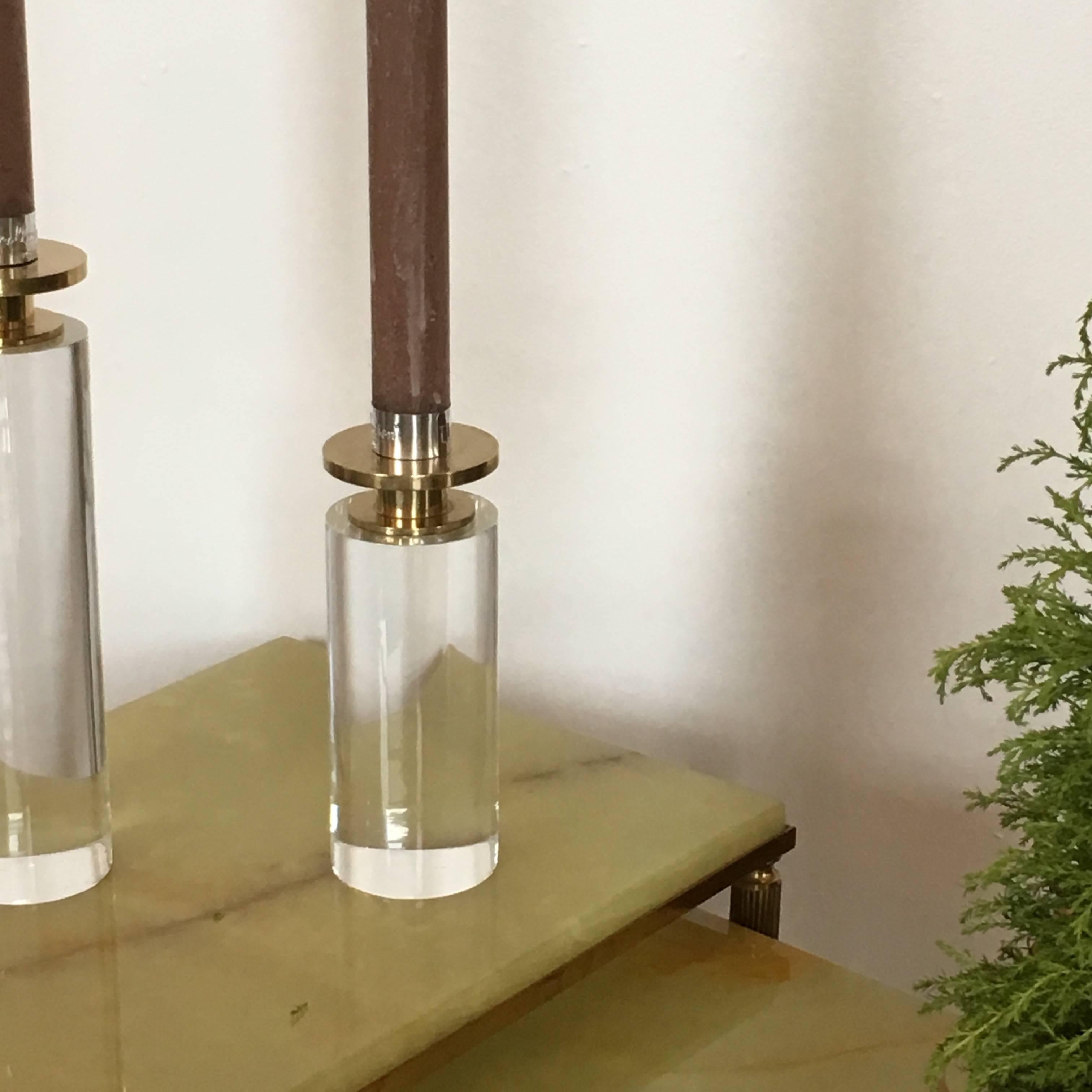 20th Century Pair of Brass and Lucite Candleholders