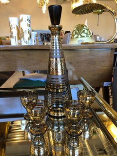 Mid-Century Modern Czech Frosted, Gilt & Silvered Decanter w/ Stopper & 4 Stems