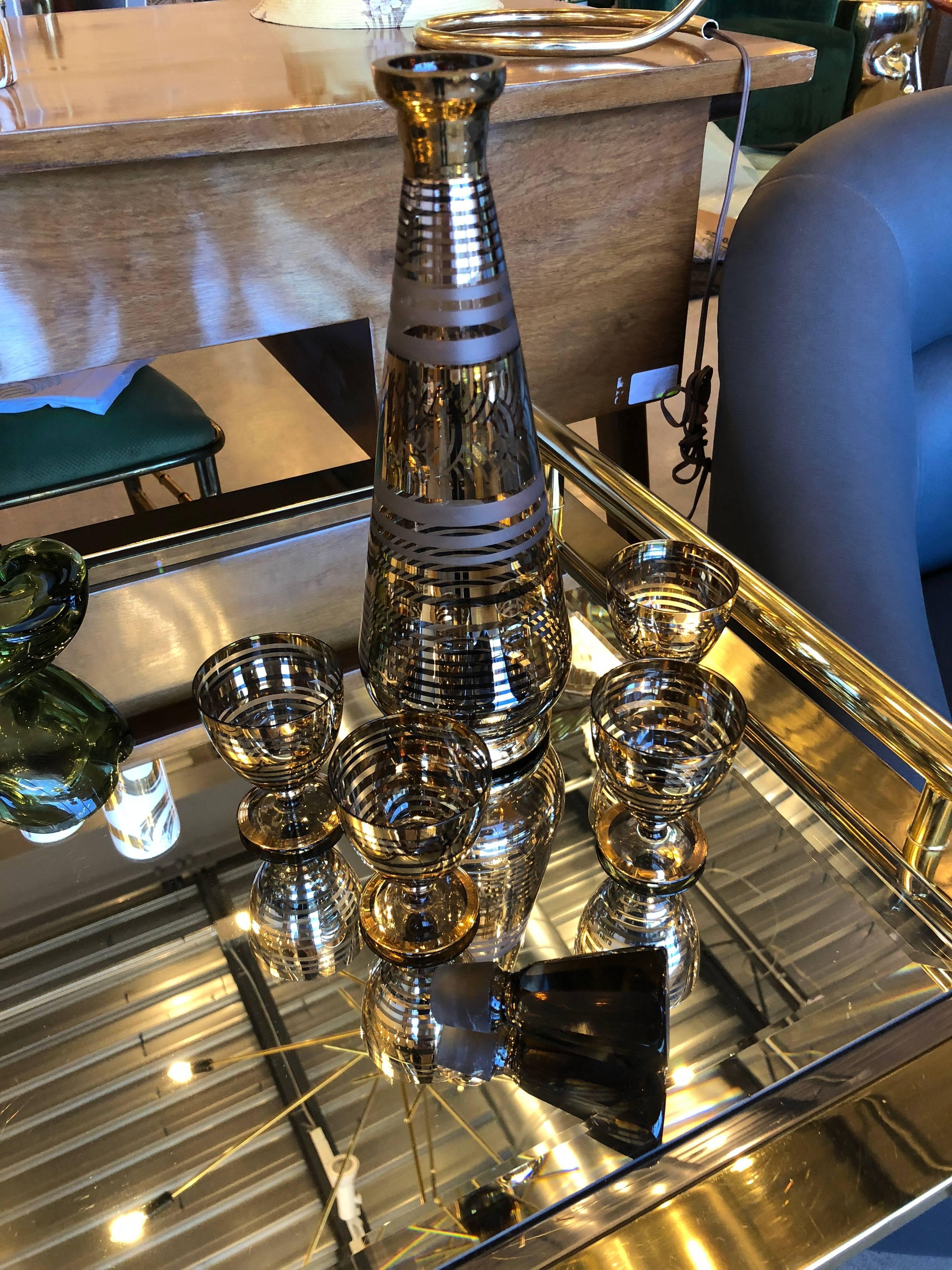 Mid-Century Modern Czech Frosted, Gilt & Silvered Decanter w/ Stopper & 4 Stems In Excellent Condition In Houston, TX