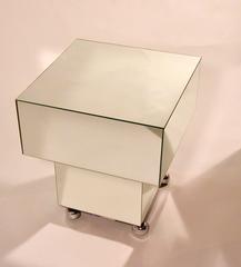 Pair of Hollywood Glam Modernist Mirrored Cube Side Tables on Chrome Casters