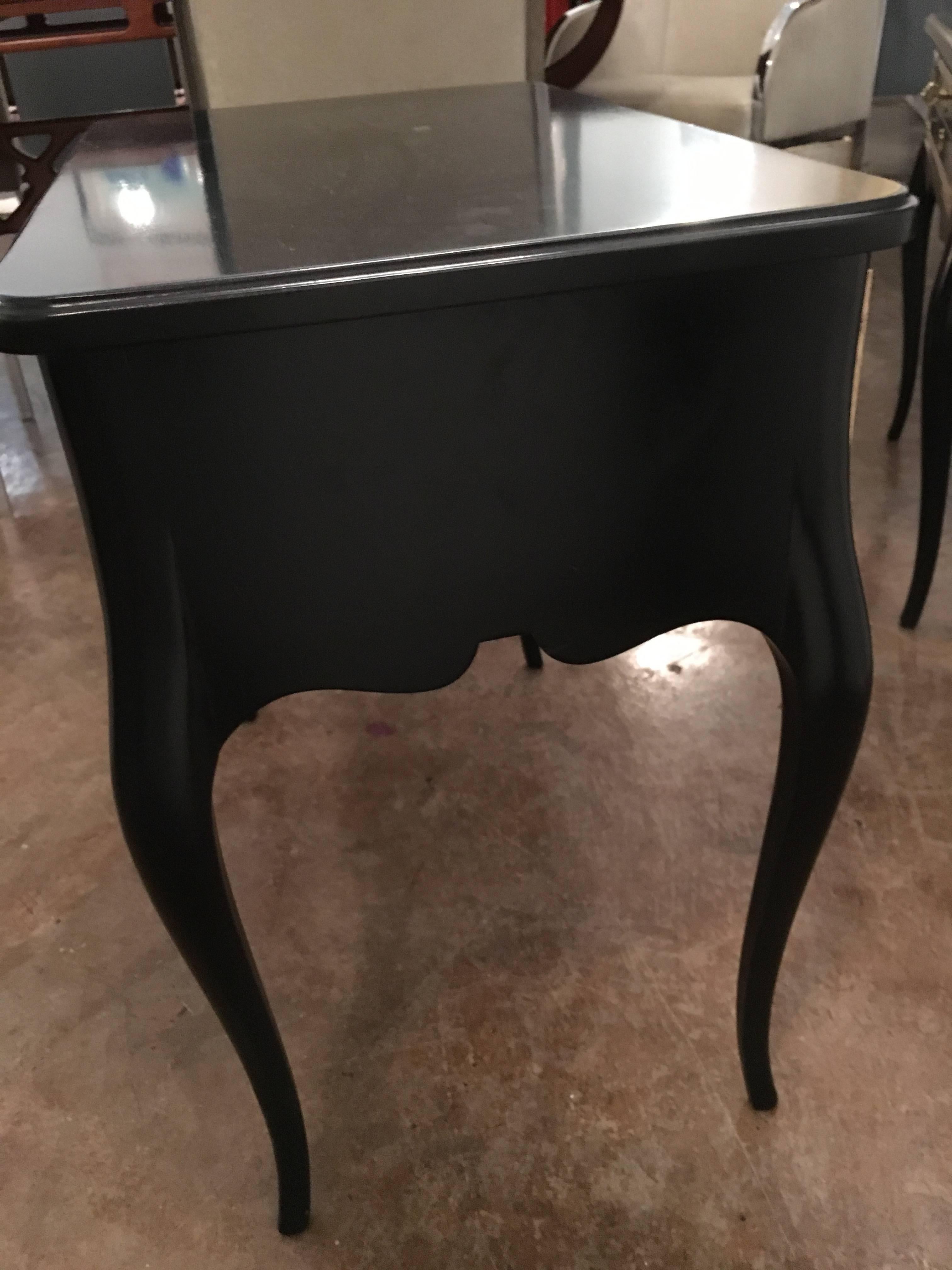 Signed Hollywood Regency Grosfeld House Black Lacquer & Brass Side Tables, Pair 1