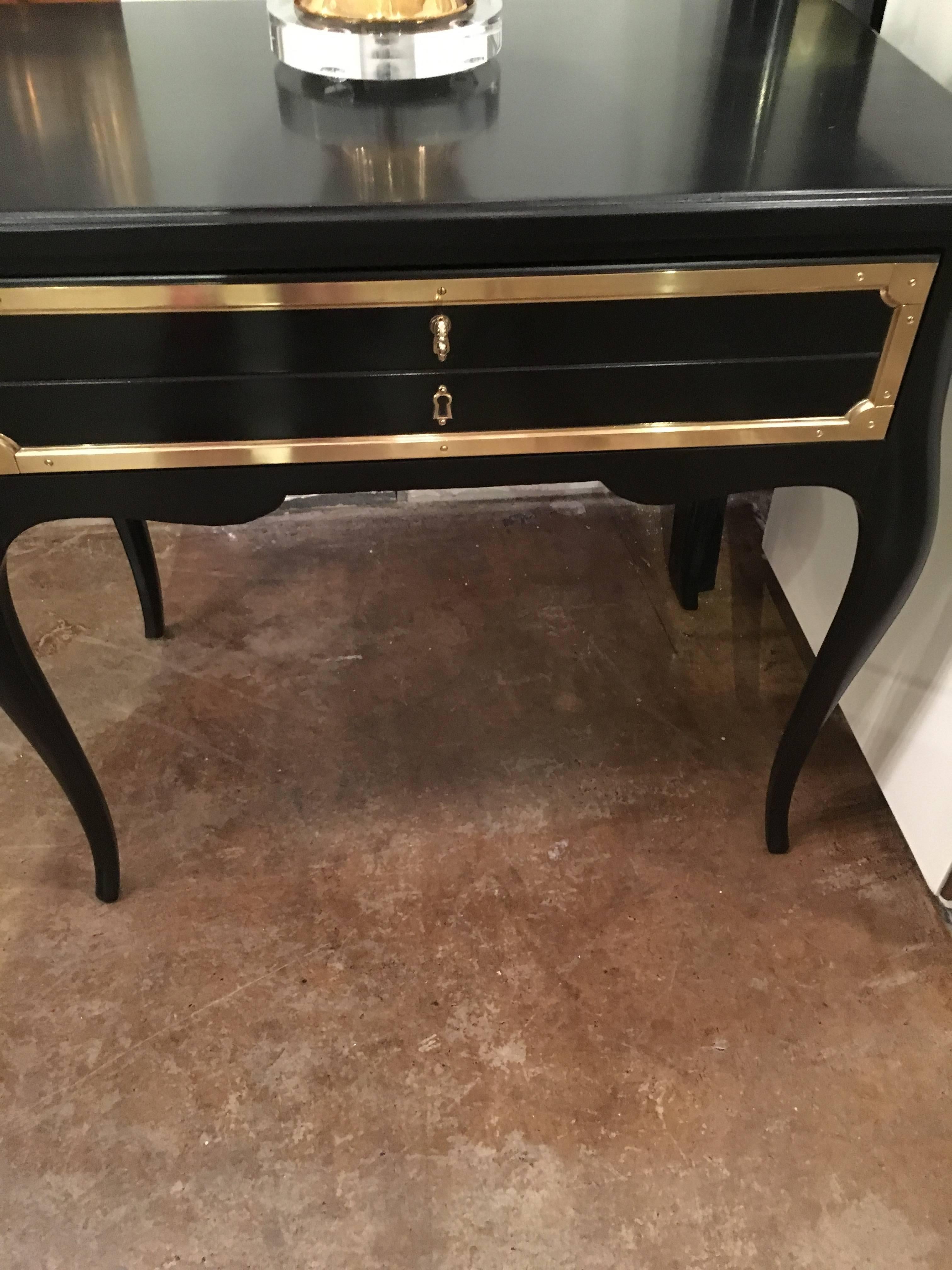 Lacquered Signed Hollywood Regency Grosfeld House Black Lacquer & Brass Side Tables, Pair