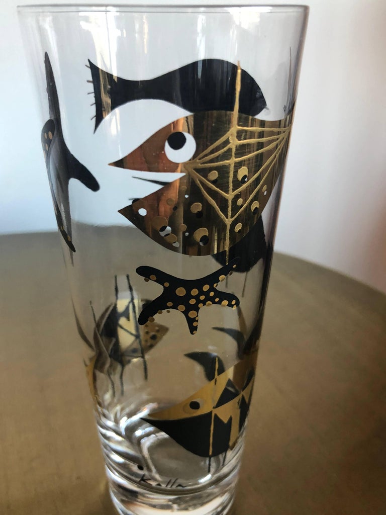 S/5 MidCentury Modern Edwin Kalla Black and Gold Cocktail Glasses For