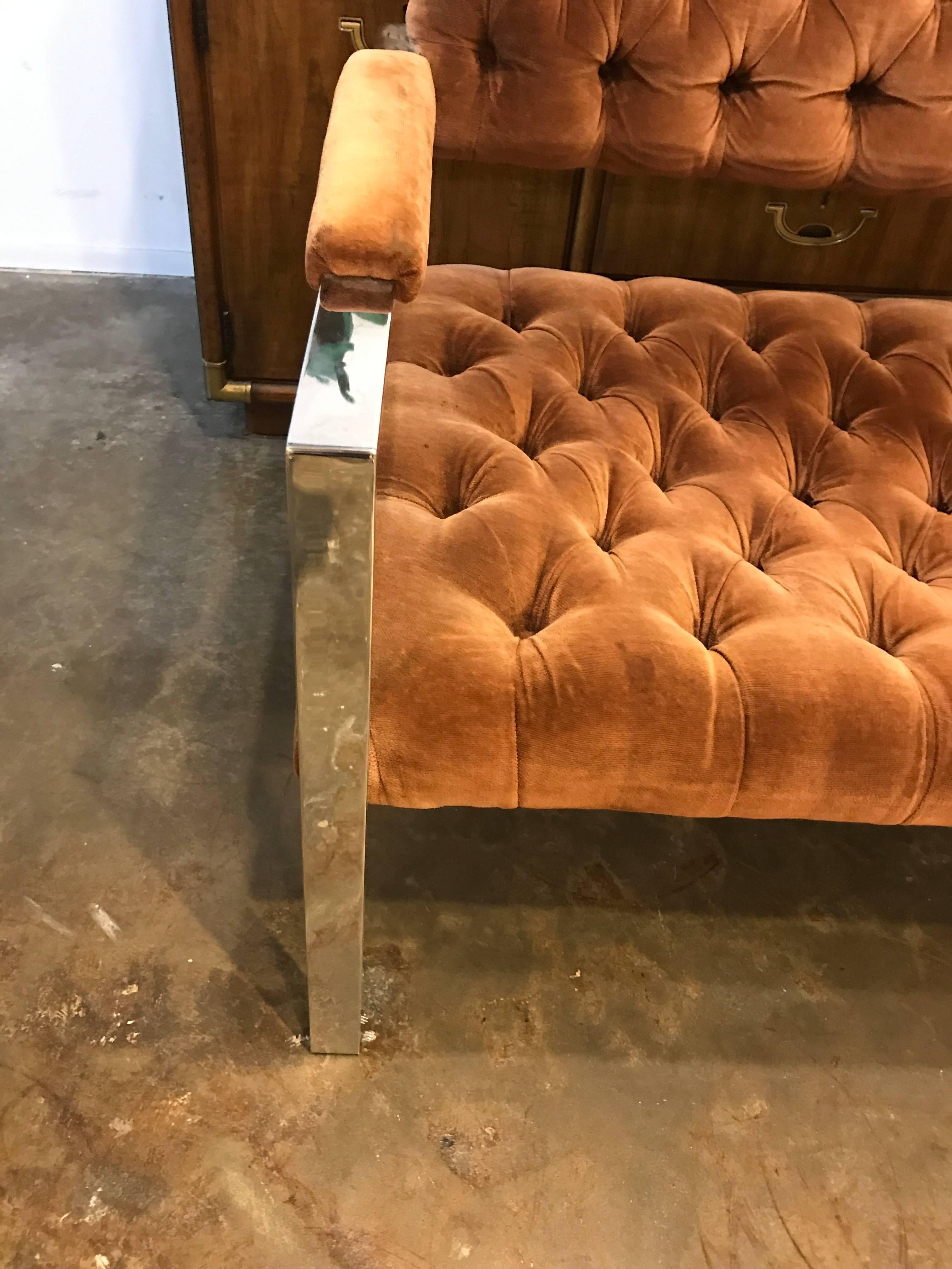 20th Century Erwin-Lambeth Mid Century Modern Pr of Chrome and Velvet Tufted Arm Chairs