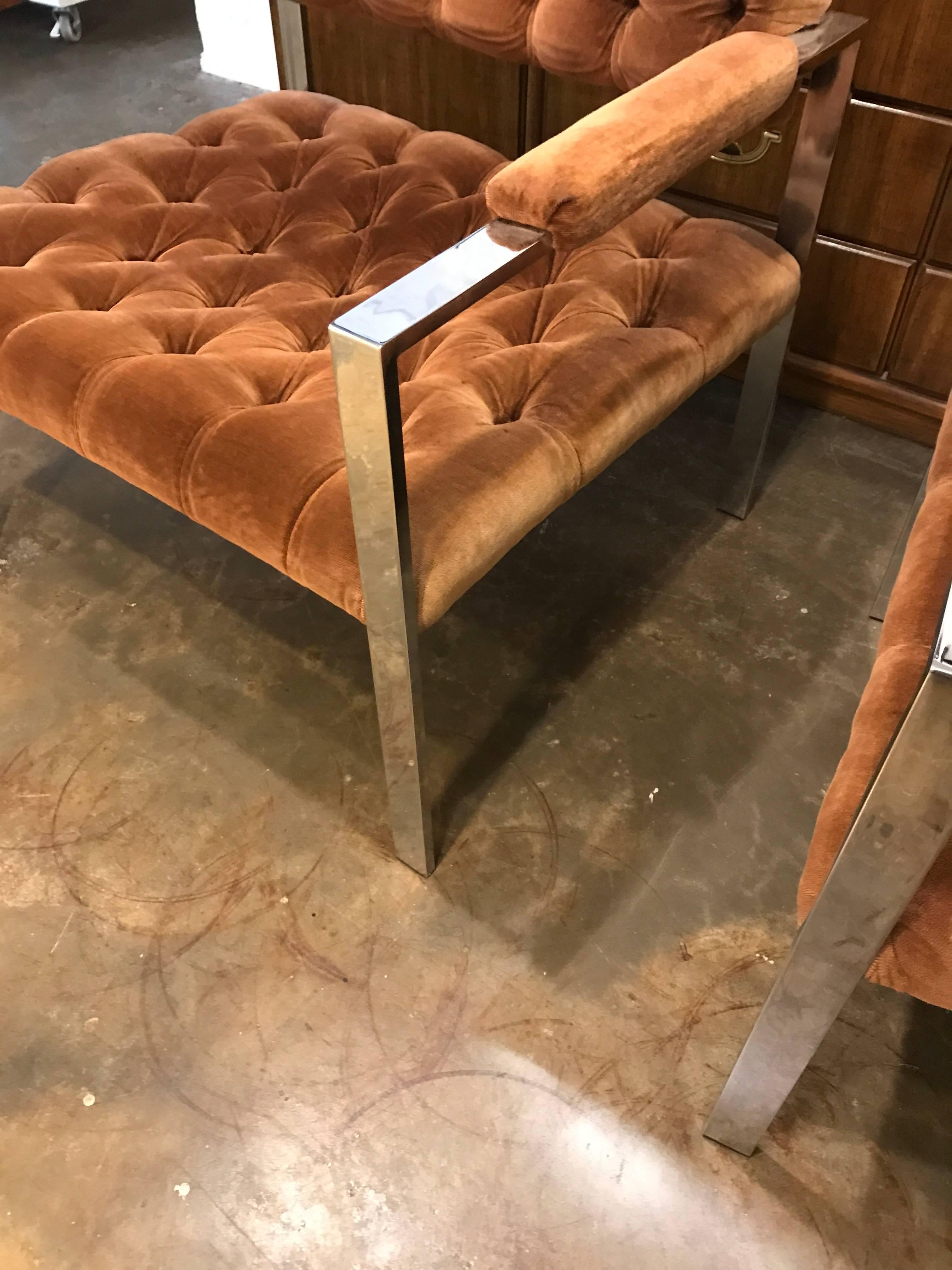 Erwin-Lambeth Mid Century Modern Pr of Chrome and Velvet Tufted Arm Chairs In Good Condition In Houston, TX