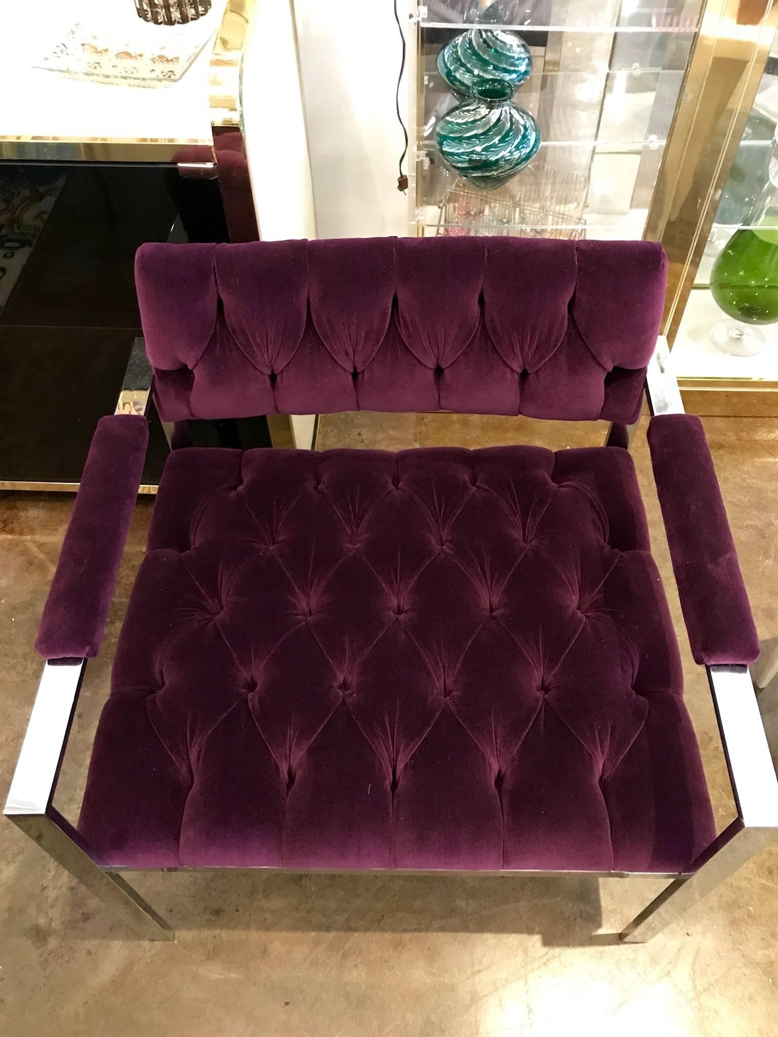 20th Century Pair of Erwin-Lambeth Chrome and New Deep Purple Velvet Tufted Arm Lounge Chairs For Sale