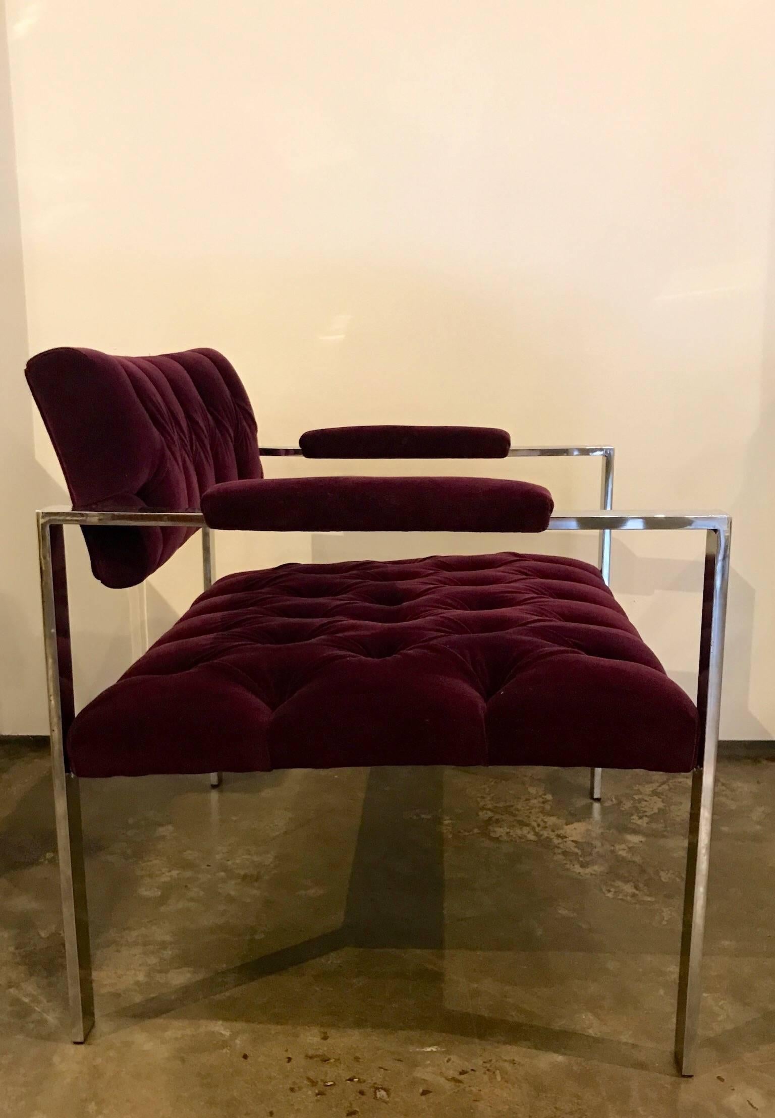 Pair of Erwin-Lambeth Chrome and New Deep Purple Velvet Tufted Arm Lounge Chairs For Sale 3