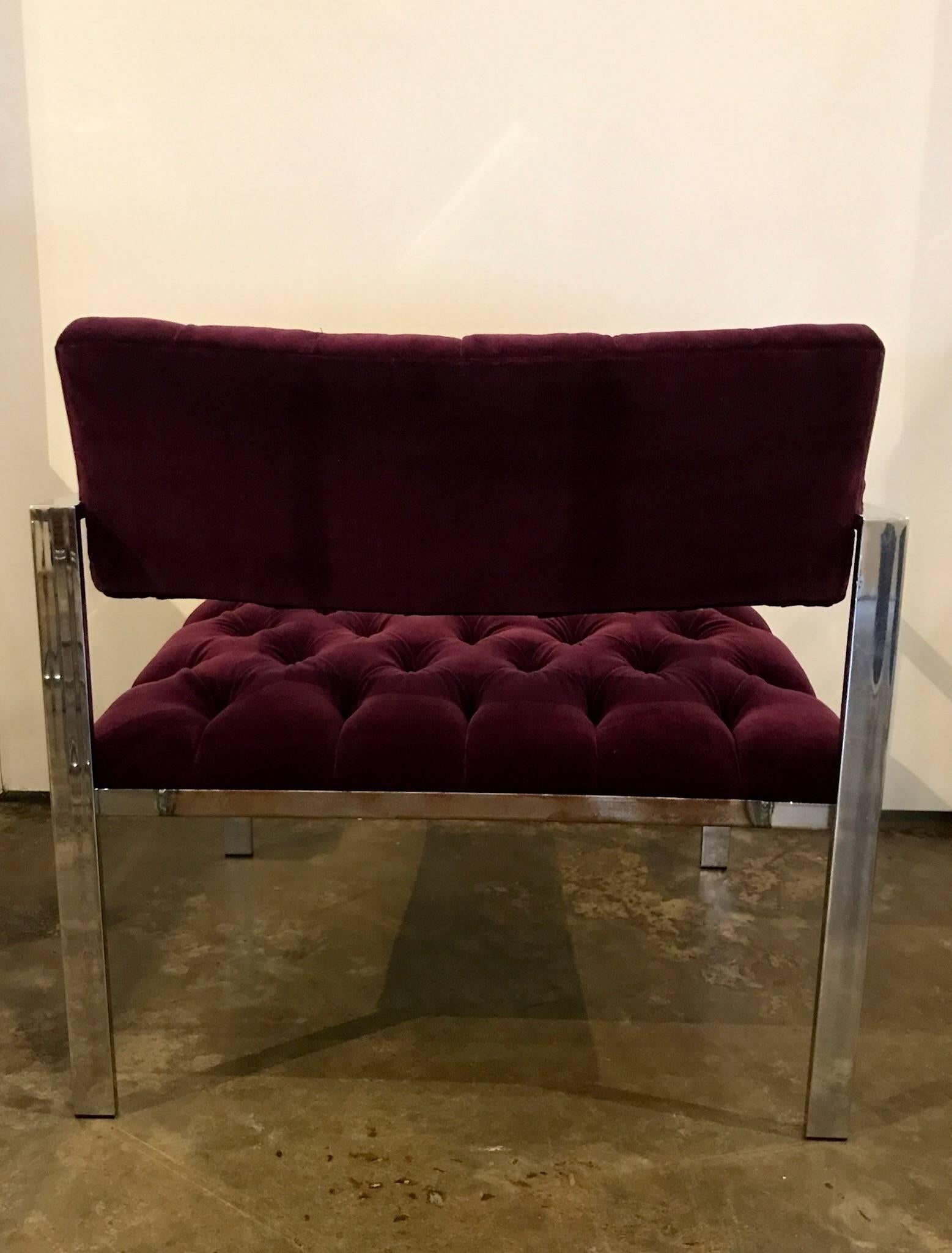 Pair of Erwin-Lambeth Chrome and New Deep Purple Velvet Tufted Arm Lounge Chairs For Sale 4