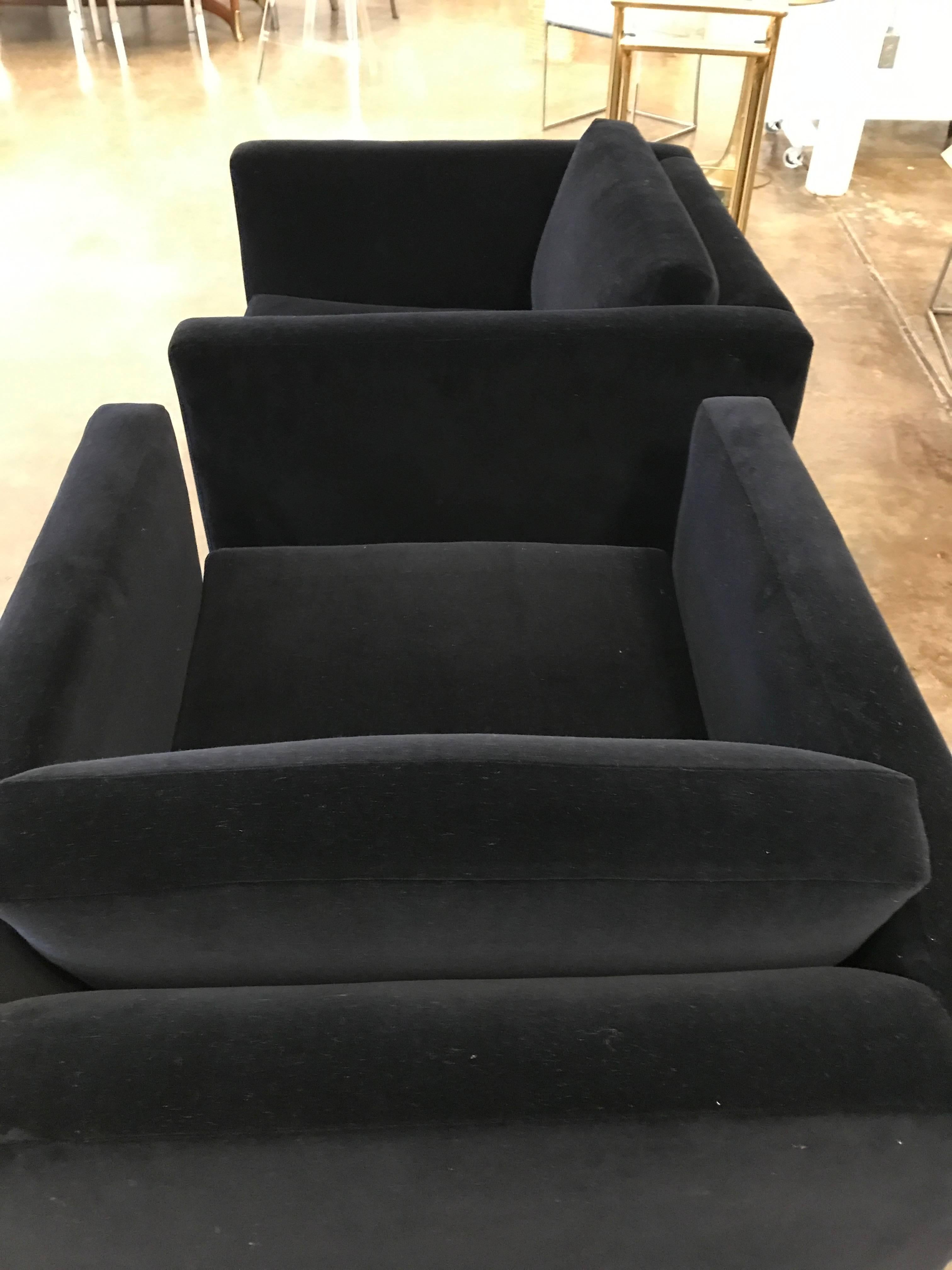 Ebonized Mid-Century Modern Harvey Probber Style Pair of Black Velvet Tuxedo Club Chairs