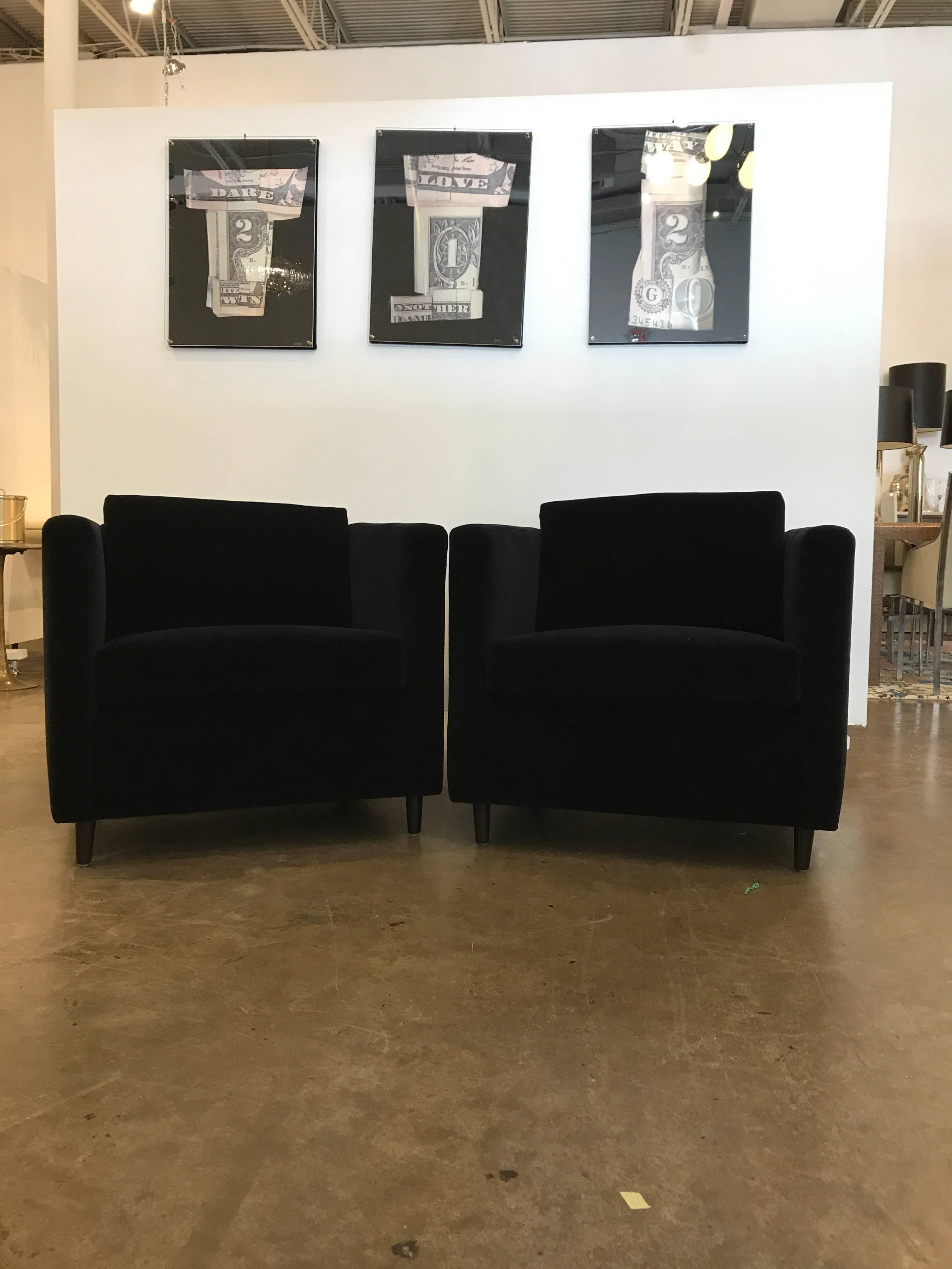 Mid-Century Modern Harvey Probber Style Pair of Black Velvet Tuxedo Club Chairs 1