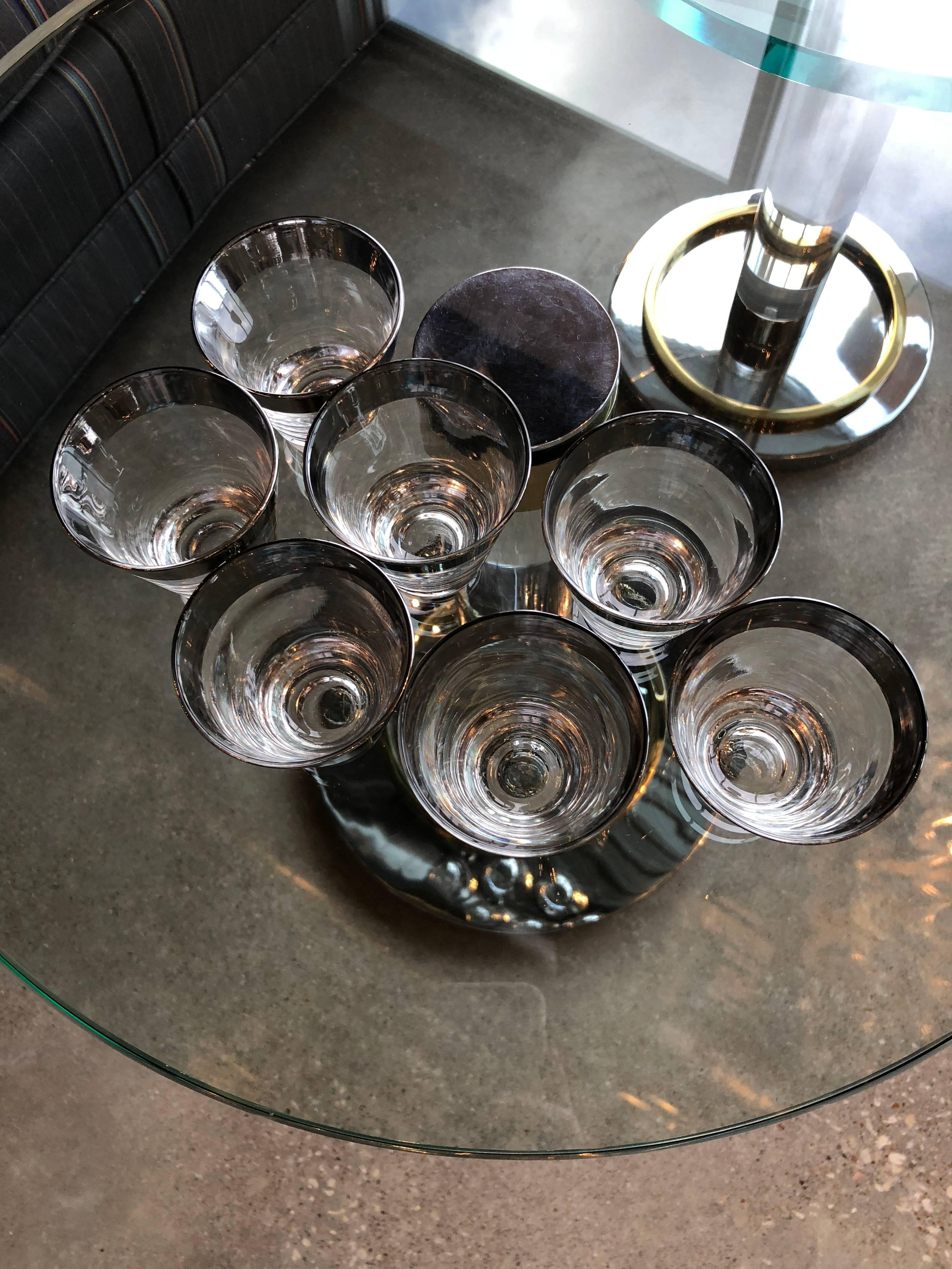 Silvered Set of seven Mid-Century Modern Dorothy Thorpe Overlay Shot Cocktail Glasses