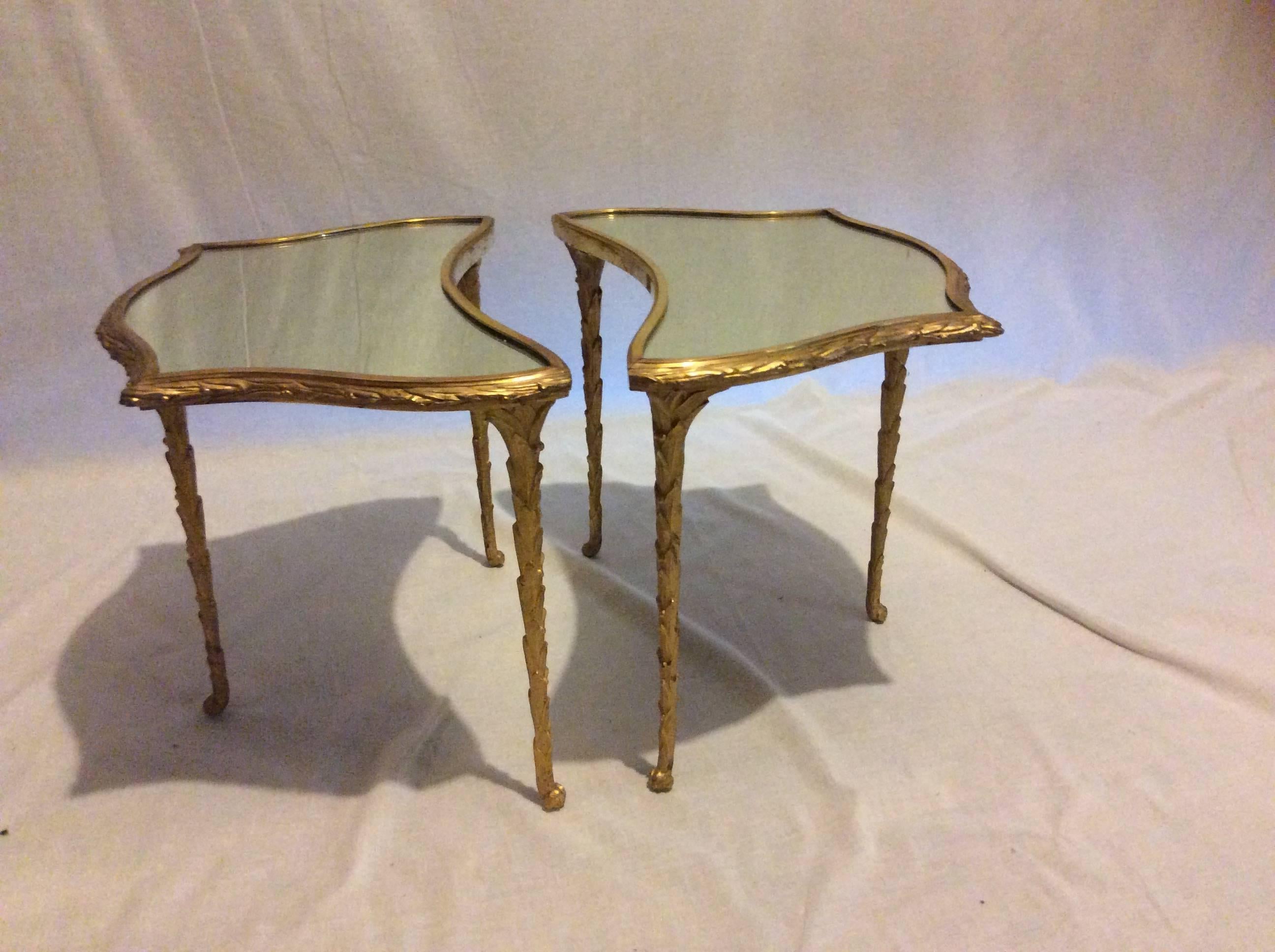 Cast Mid-Century Gilt Bronze and Mirror Cocktail Three-Piece Table