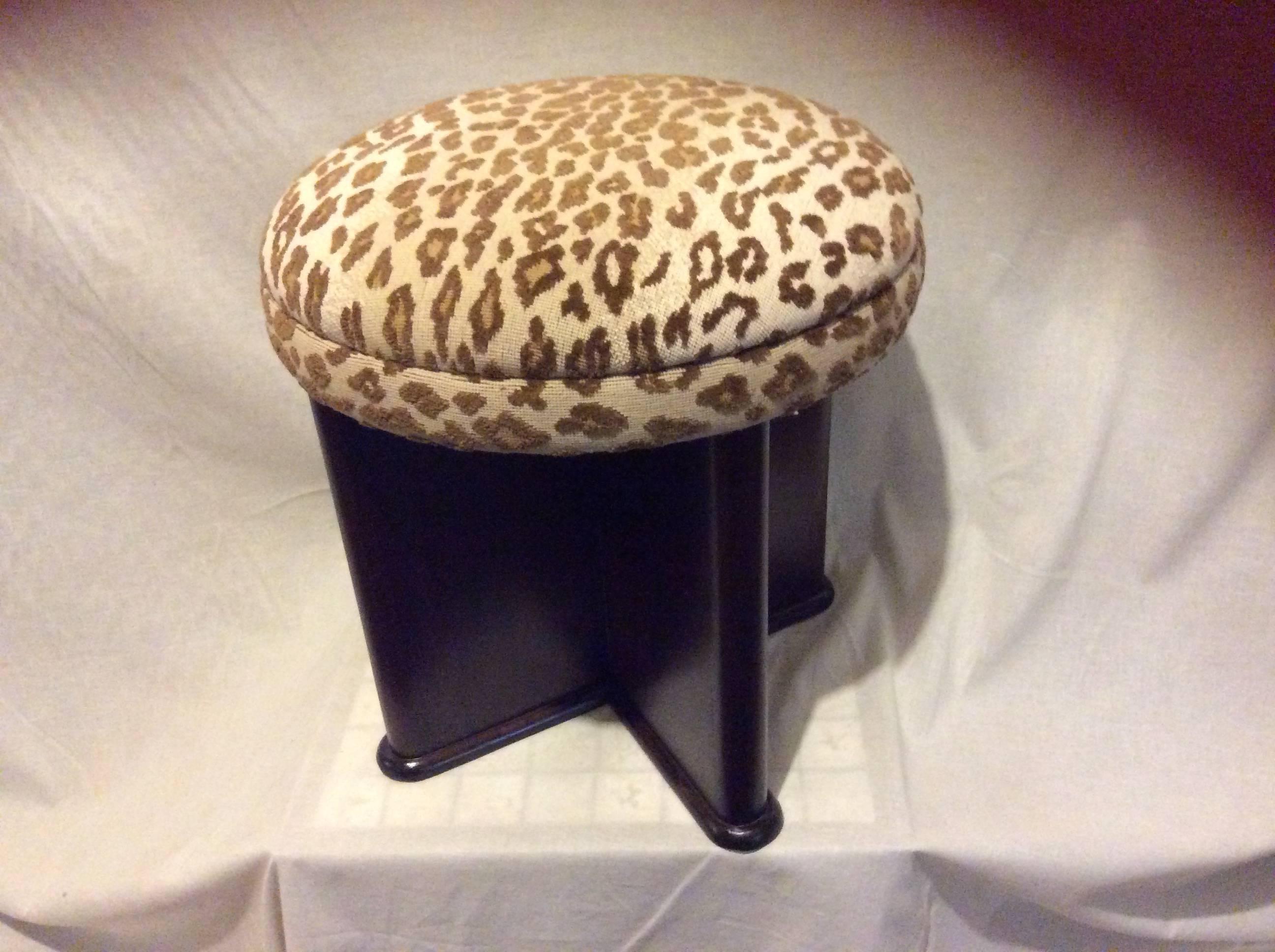 Mahogany stool, ottoman or pull up occasional seat with 'X' designed mahagony base makes the perfect accent piece covered in the most luxurious faux leopard fafric of needlepoint and velour by Clarence House