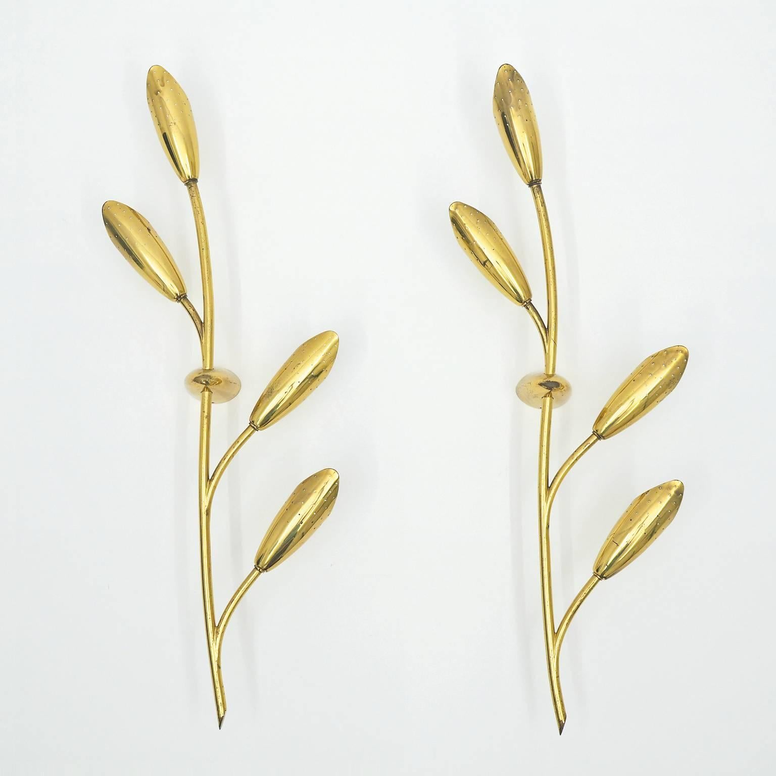 Unique Pair of Large Pierced Brass Wall or Ceiling Lights, 1950s 2