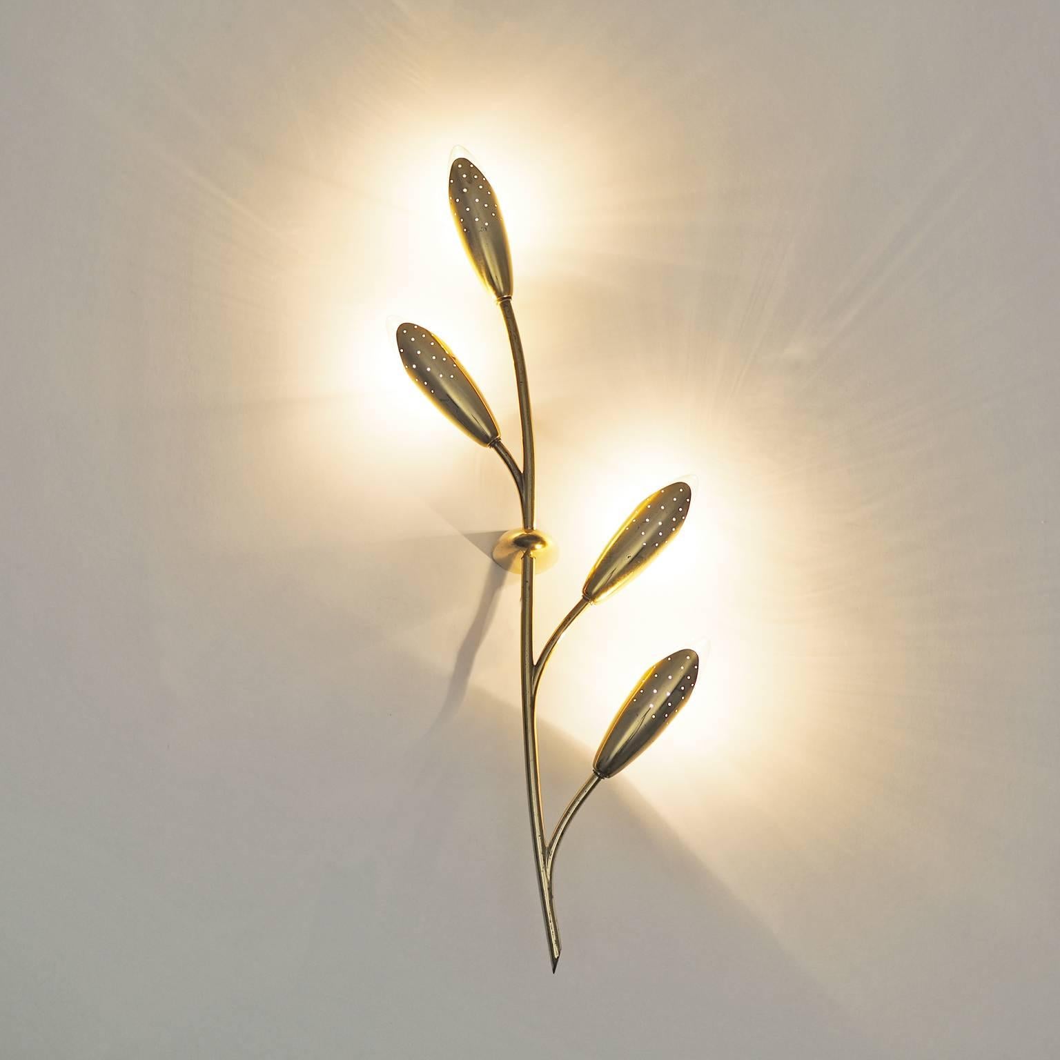 Unique Pair of Large Pierced Brass Wall or Ceiling Lights, 1950s 3
