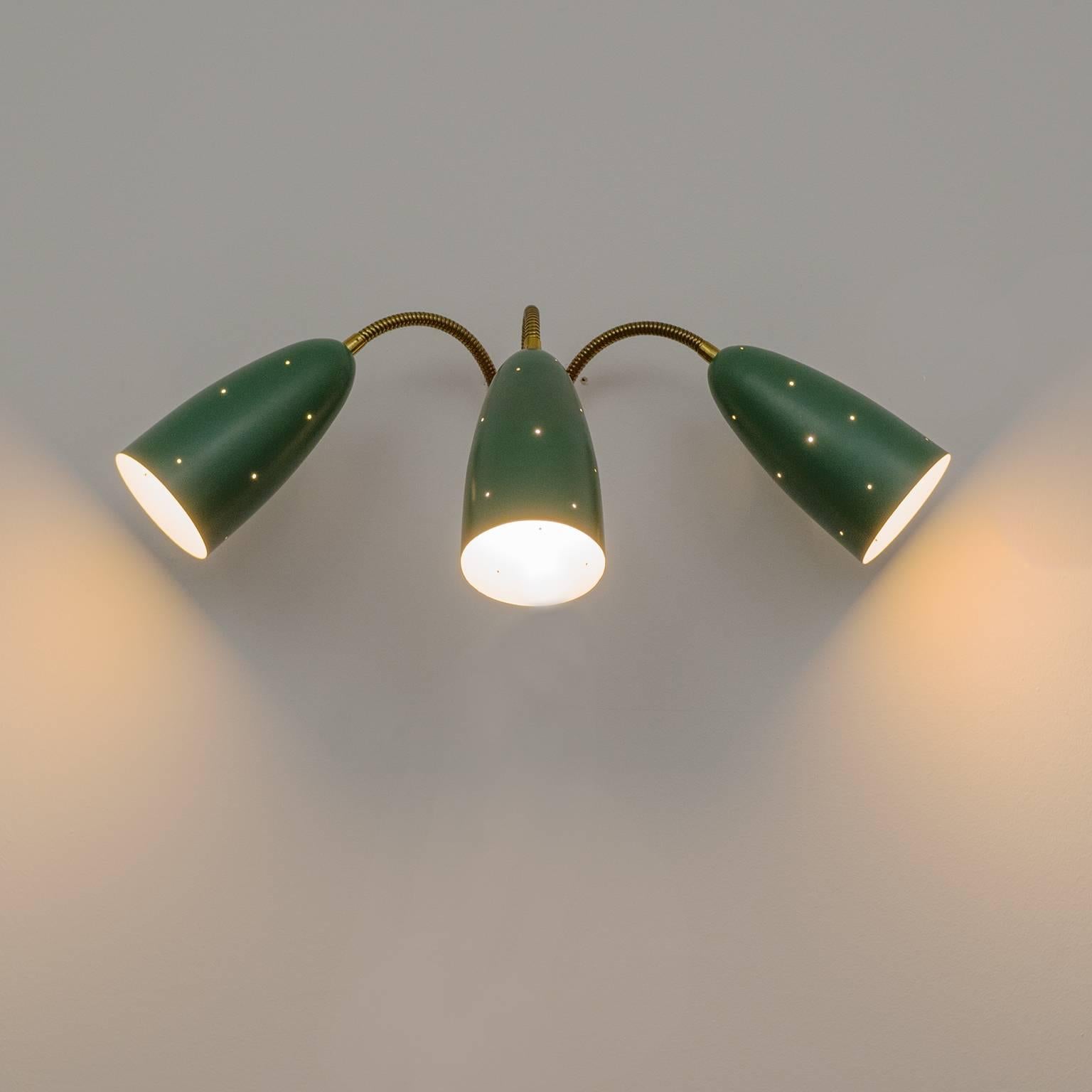 Large Three-Arm Wall Light with Pierced Green Cones, 1950s 1