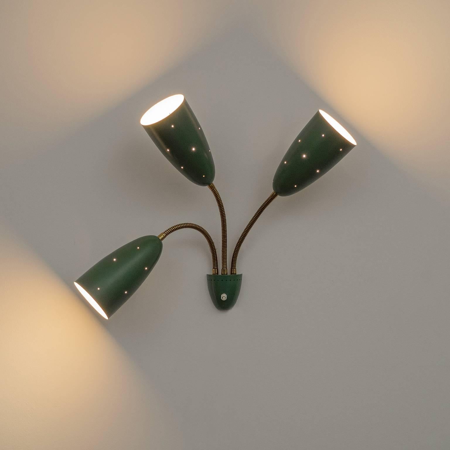 European Large Three-Arm Wall Light with Pierced Green Cones, 1950s