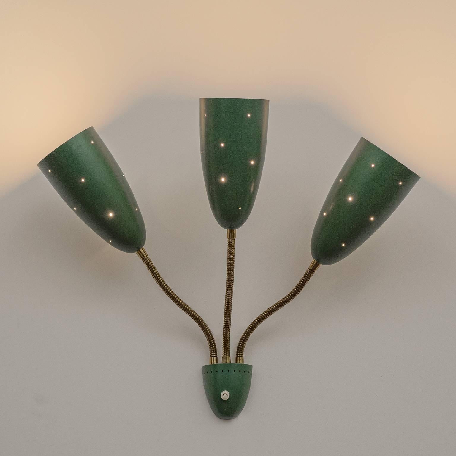 Lacquered Large Three-Arm Wall Light with Pierced Green Cones, 1950s