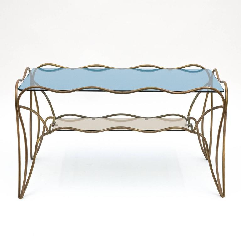 Unique Italian Brass and Colored Glass Cocktail Table, 1950s For Sale