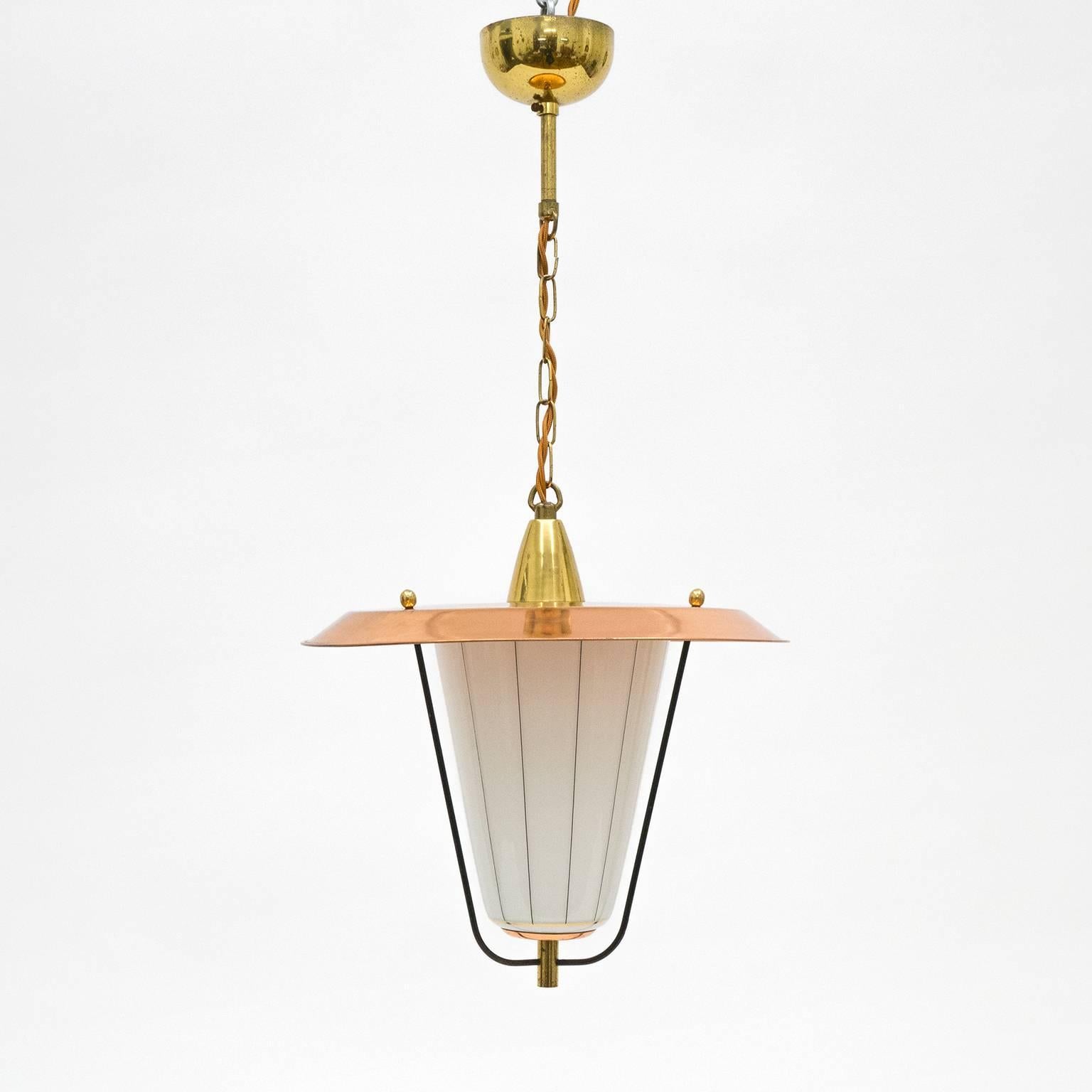 Charming Brass, Copper and Striped Glass Lantern, 1950s In Excellent Condition In Vienna, AT