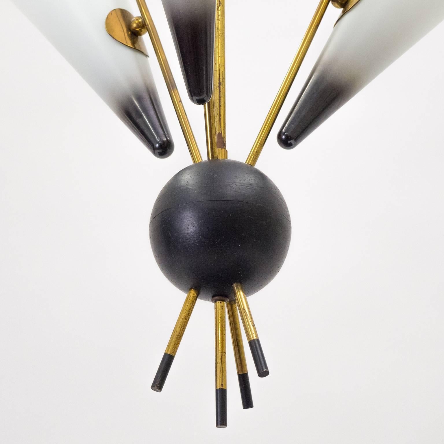 Mid-20th Century Italian Modernist Brass and Enameled Glass Sputnik Chandelier, 1950s