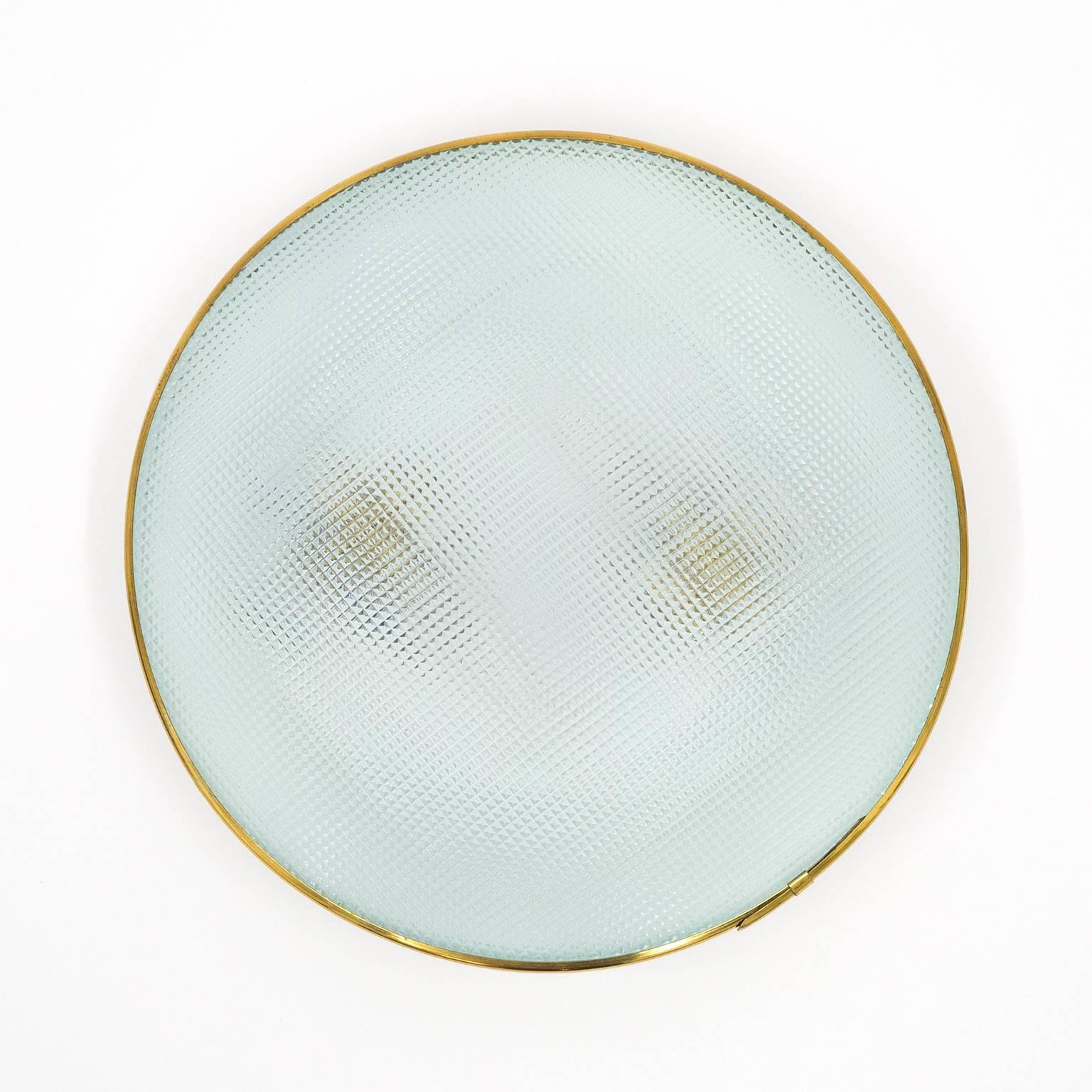 Brass Sleek Italian Modernist Textured Glass Flush Mounts, 1950s