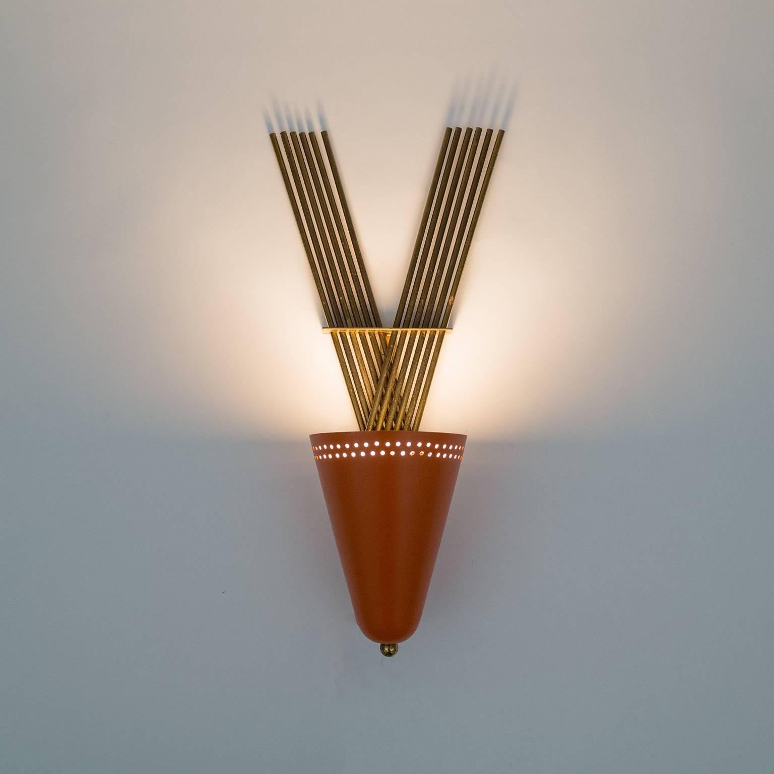 Unique Brass and Lacquered Cone Sconce, 1950s 1