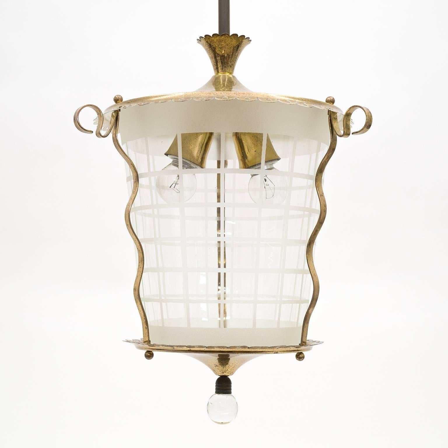 Frosted Italian Brass and Glass Lantern, 1940s