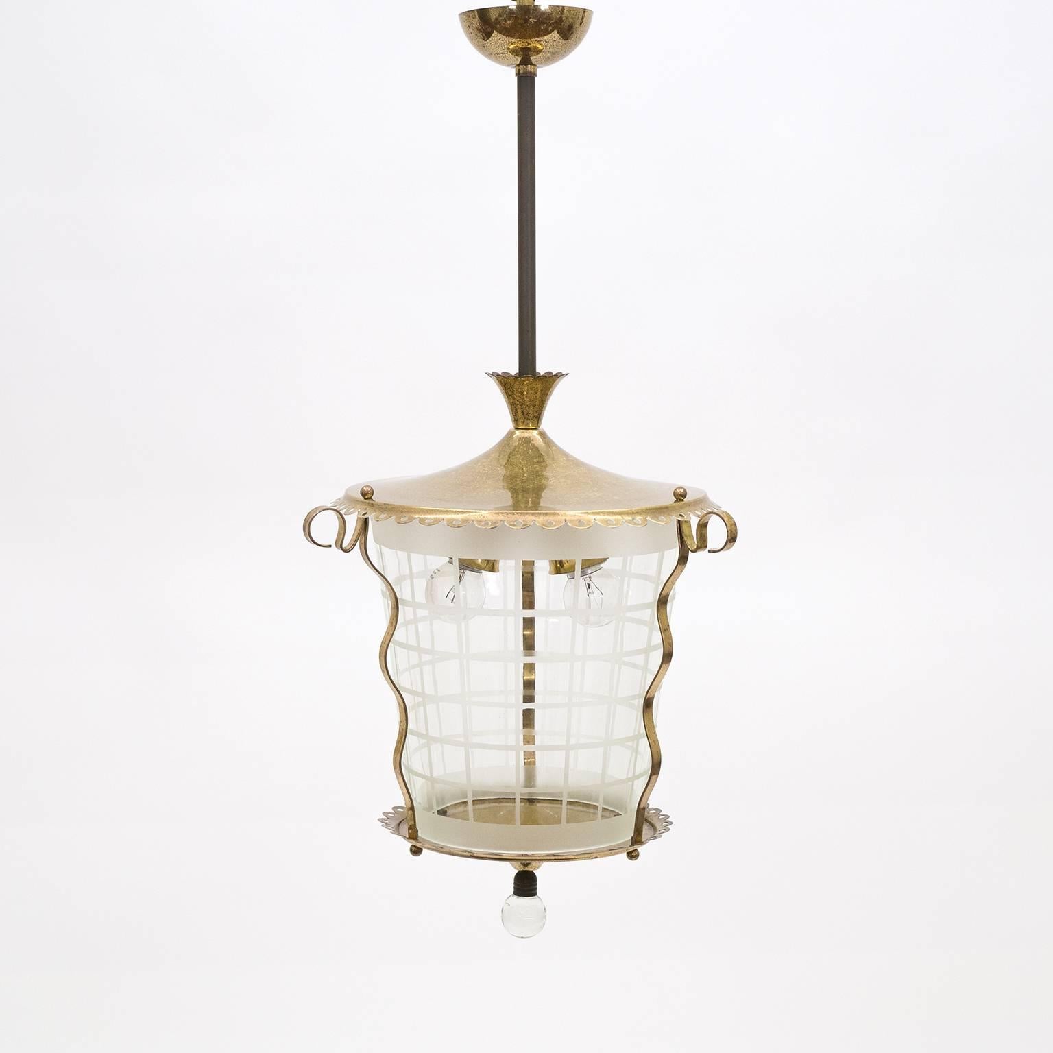 Mid-Century Modern Italian Brass and Glass Lantern, 1940s