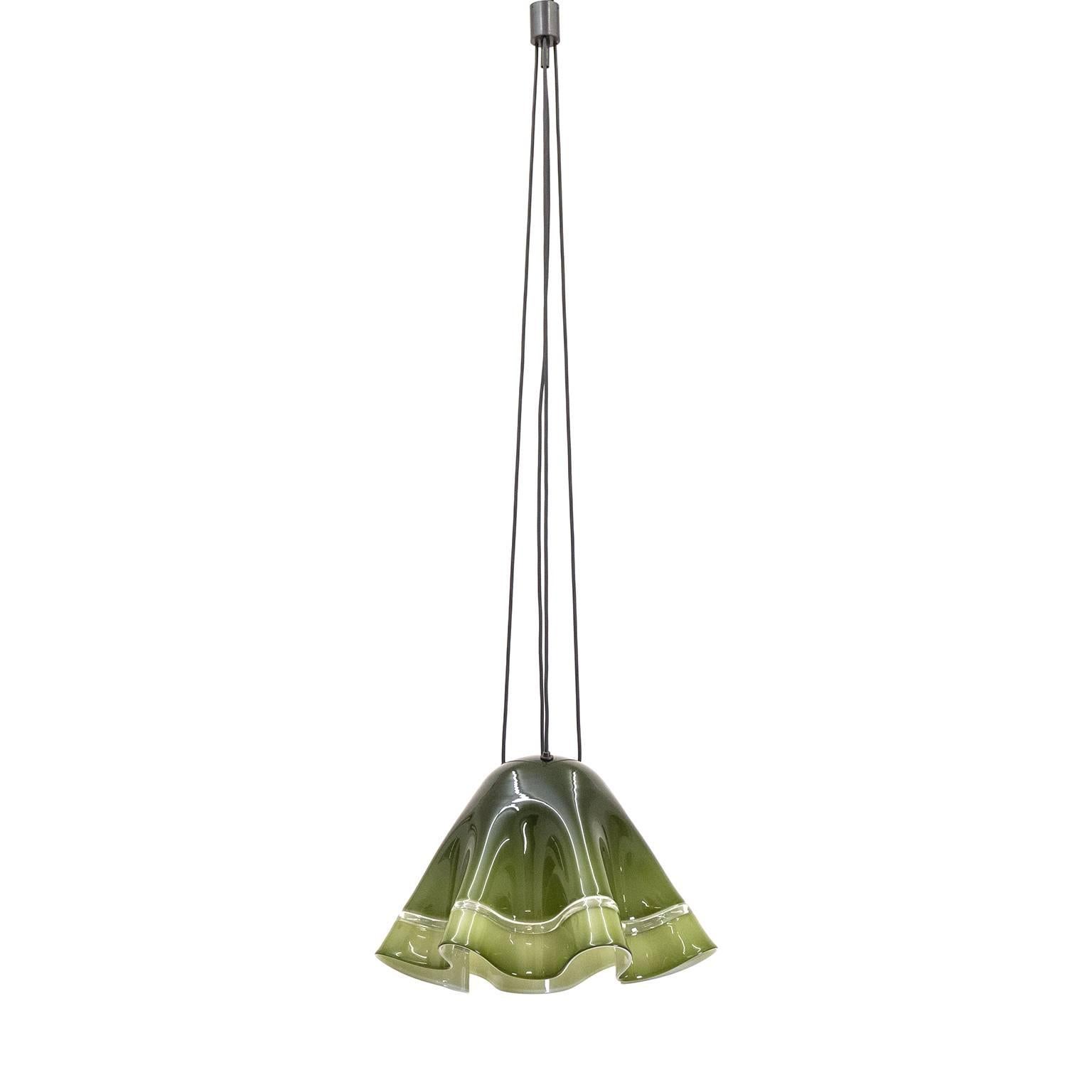 Rare large 'Fazoletto' glass pendant by Vistosi from the 1960s. Made of a deep olive colored glass with a clear glass inset the sculptural shade is suspended by three wires with the E27 socket hanging loosely from a fourth wire. All metal parts are