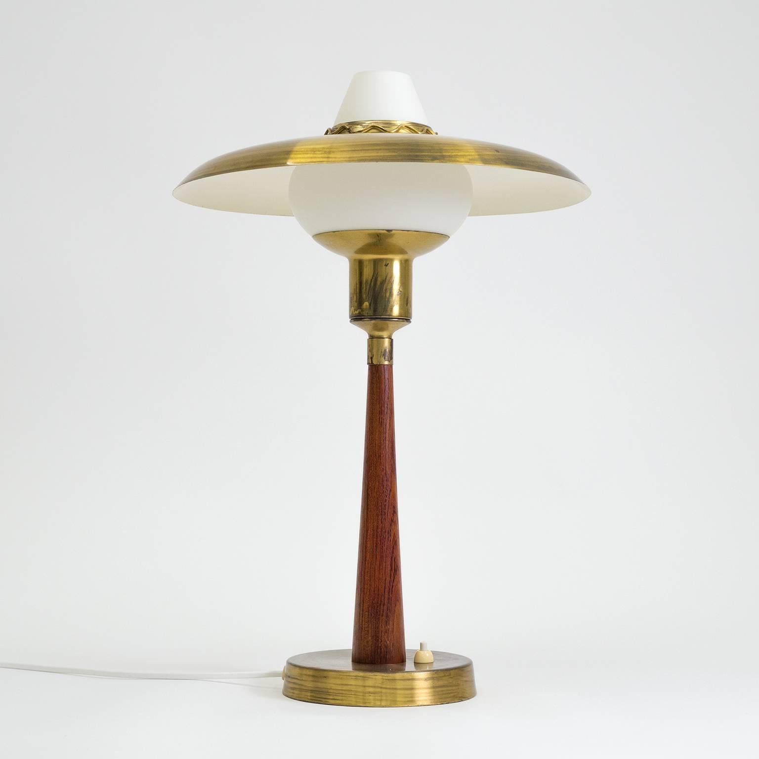 Mid-20th Century Swedish Brass, Teak and Satin Glass Table Lamp, 1950s